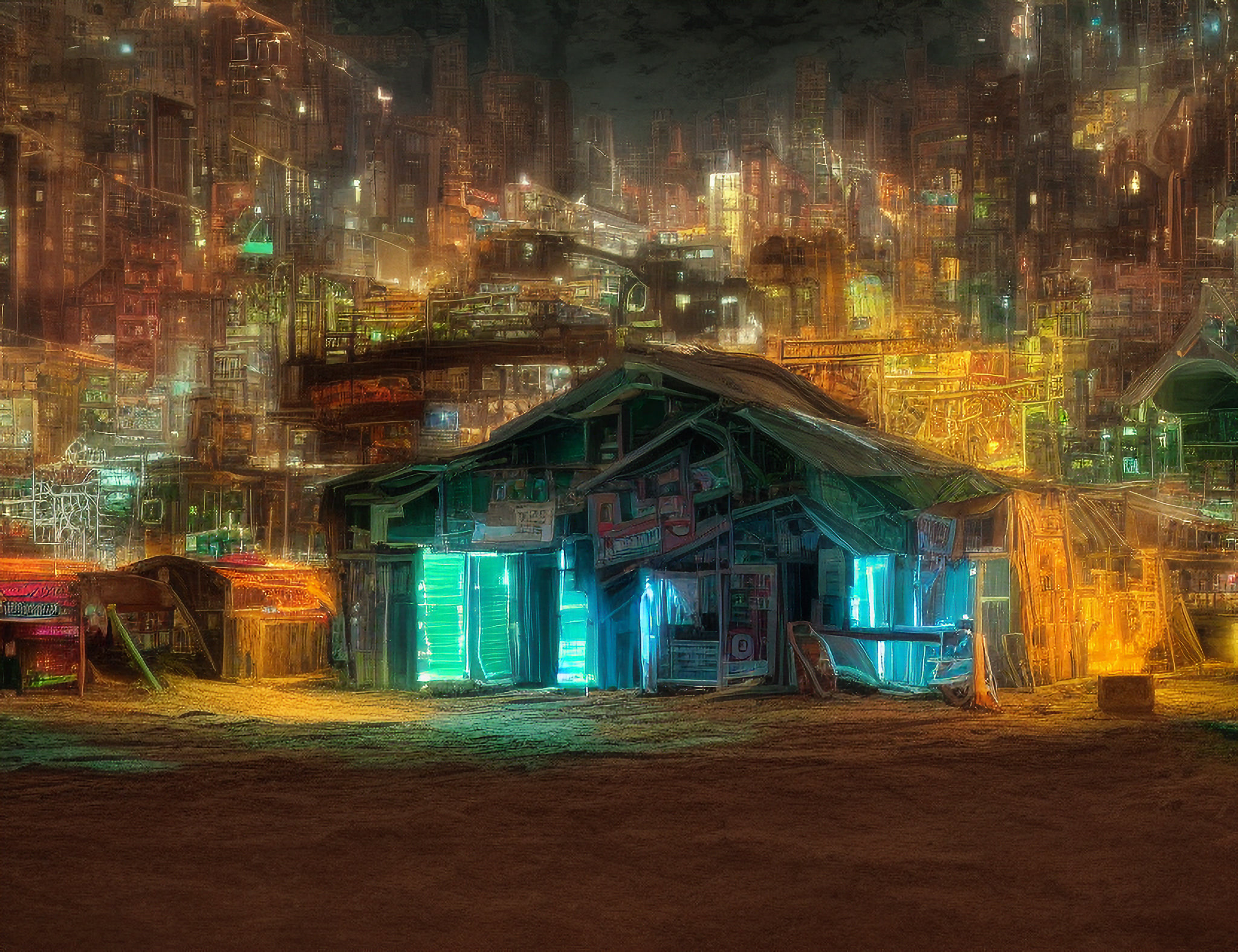 Futuristic dystopian cityscape with a ramshackle dwelling in the foreground.