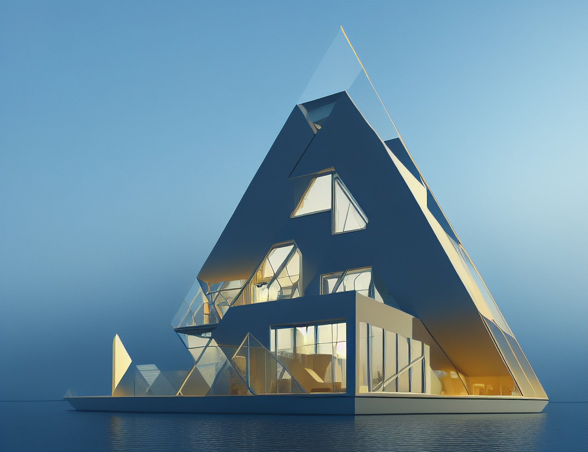 Modern triangular house floating on water.