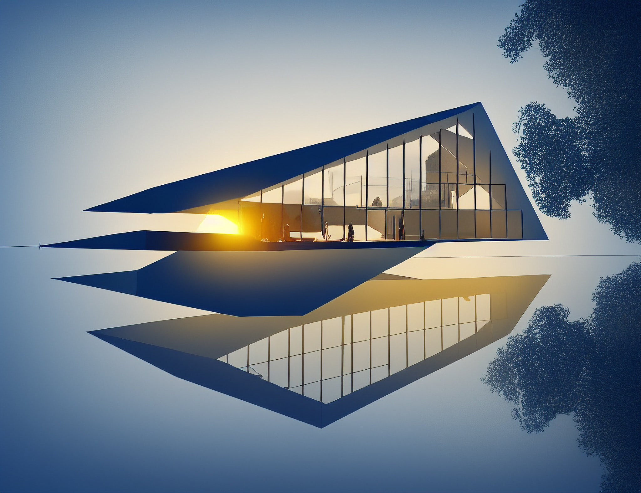 Modern triangular house floating on water at sunset.