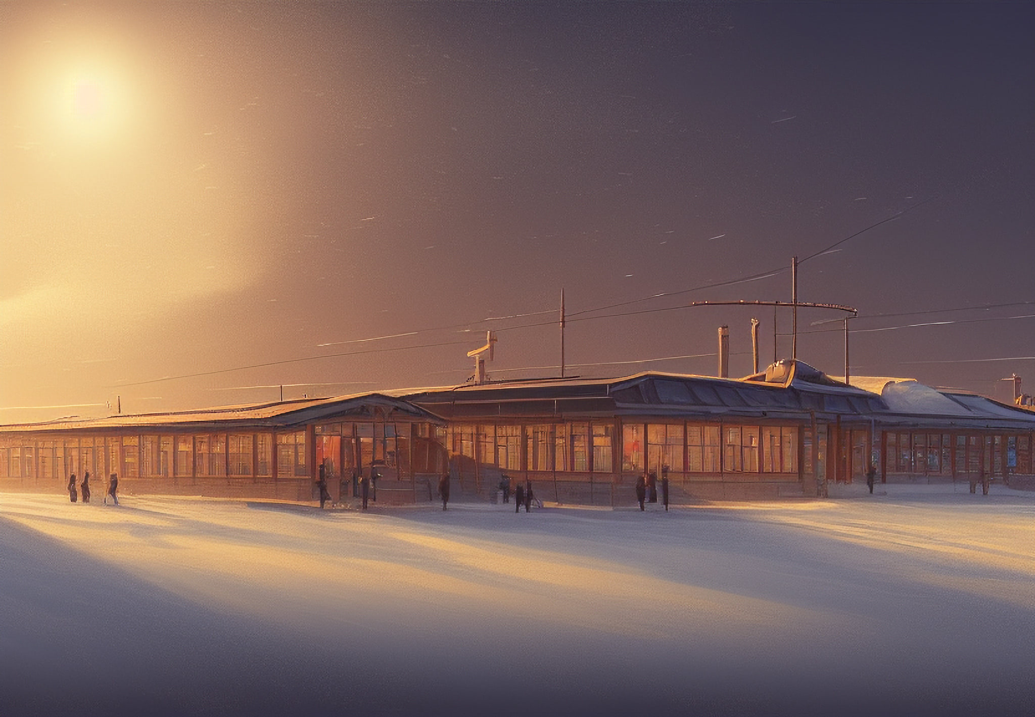 Siberian train station at sunset in winter.