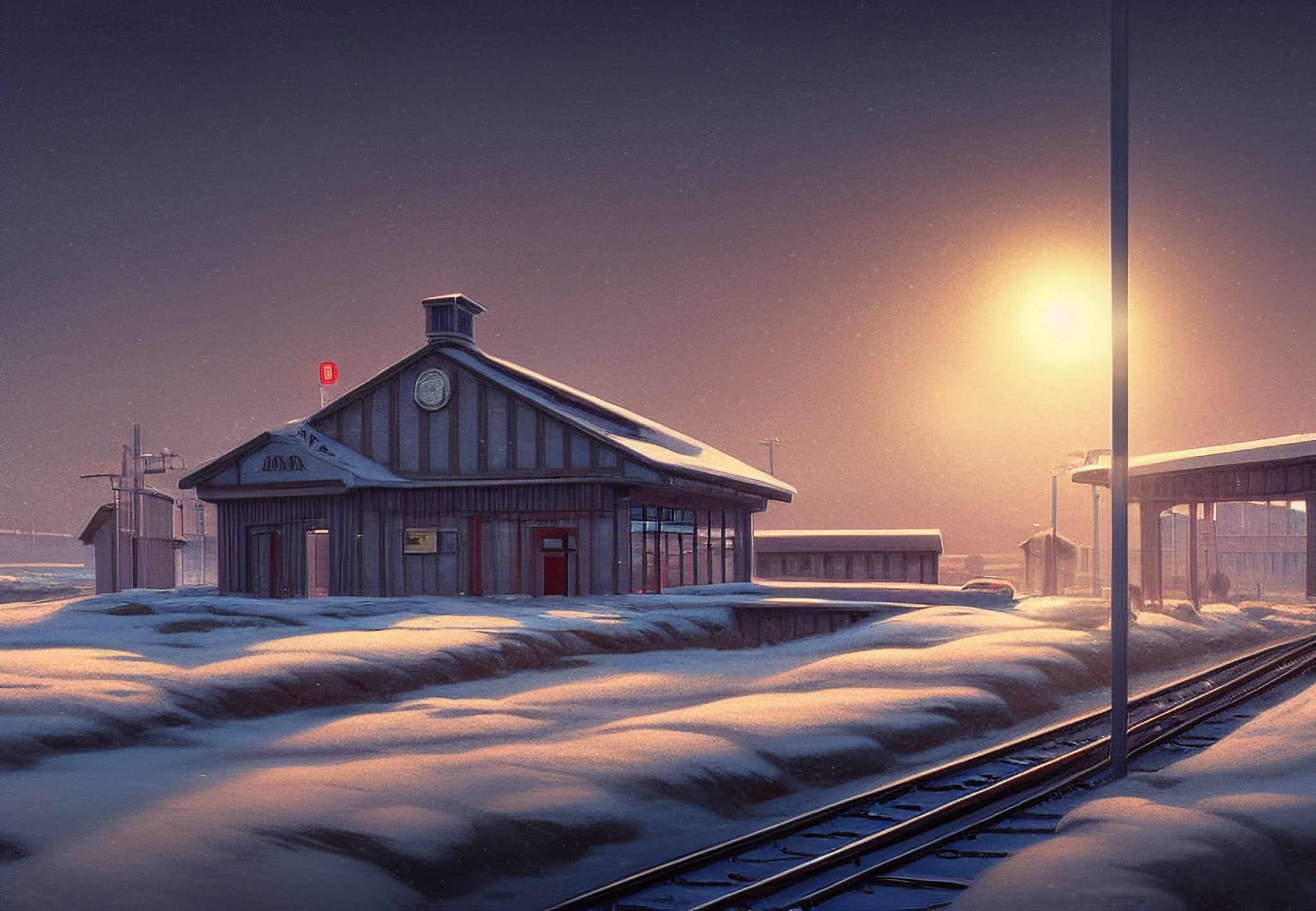 Snowy Siberian train station at sunset.