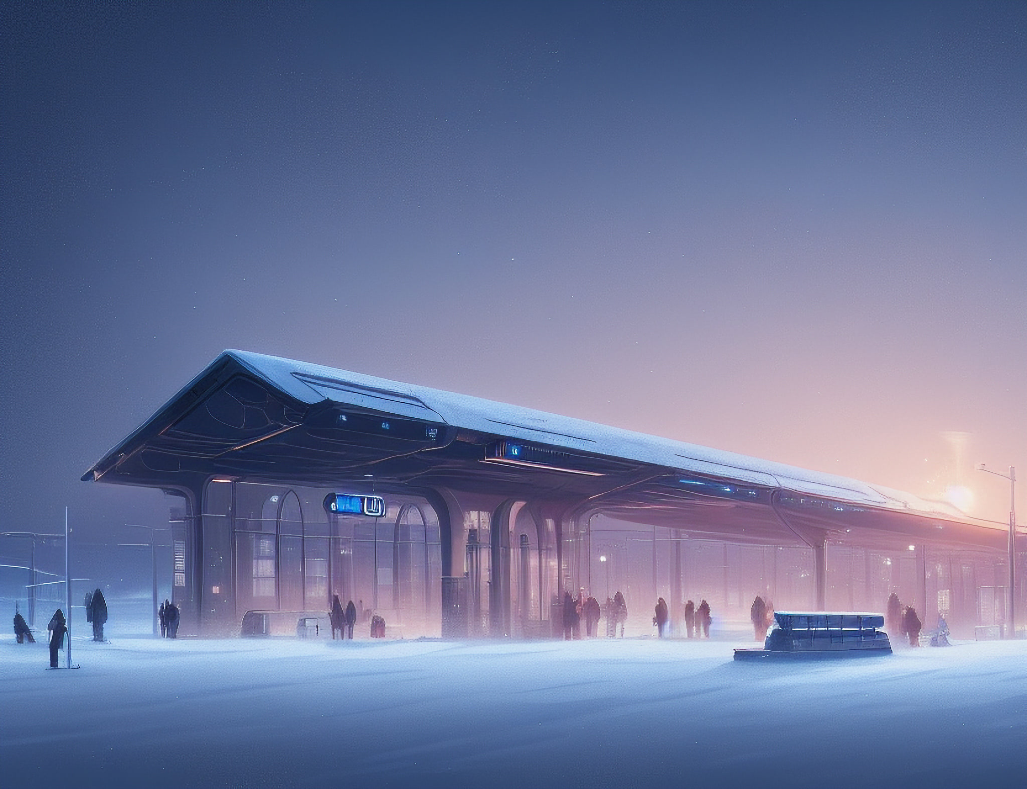 Futuristic train station in snowy Siberia at twilight.