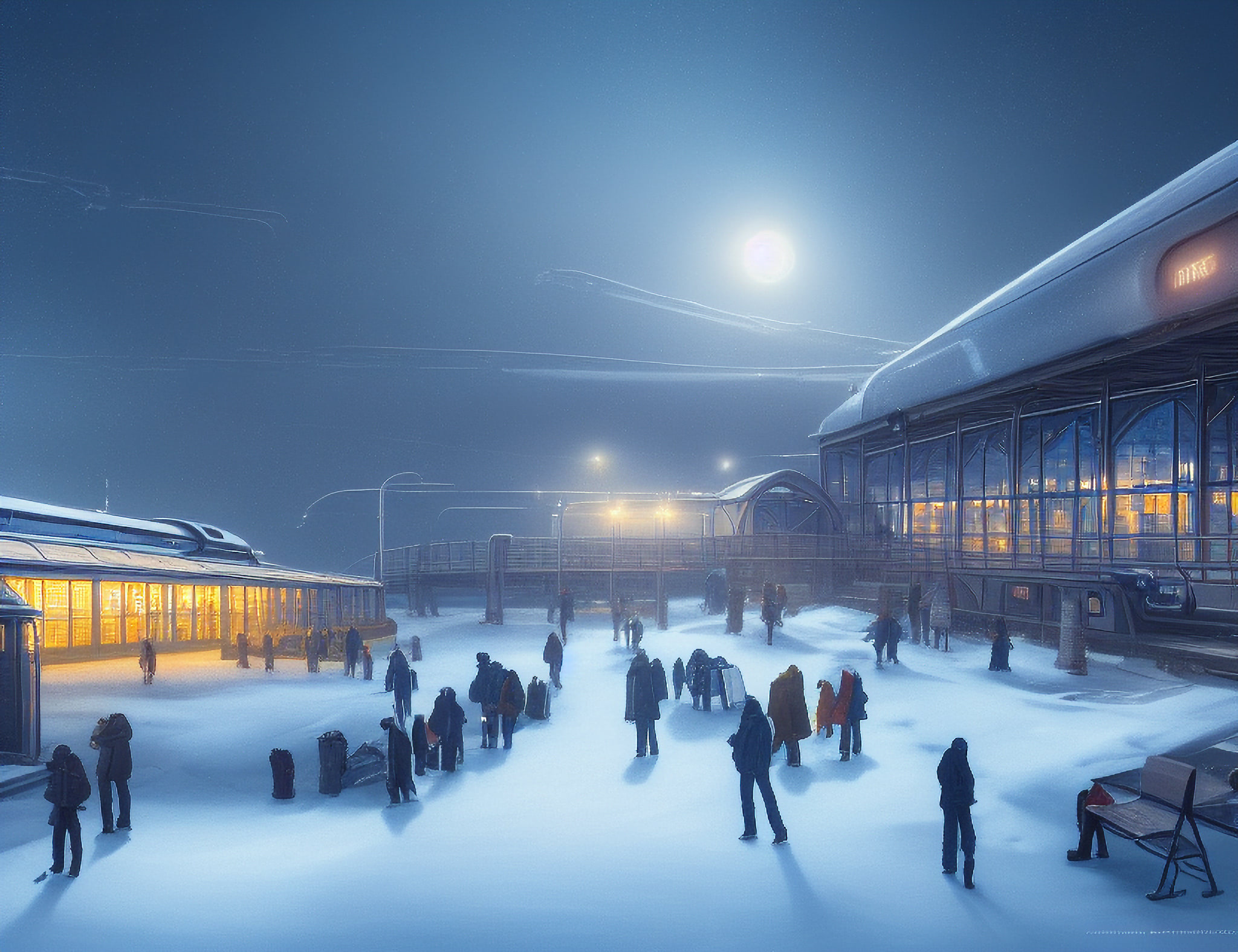 Futuristic train station in snowy Siberia at night.