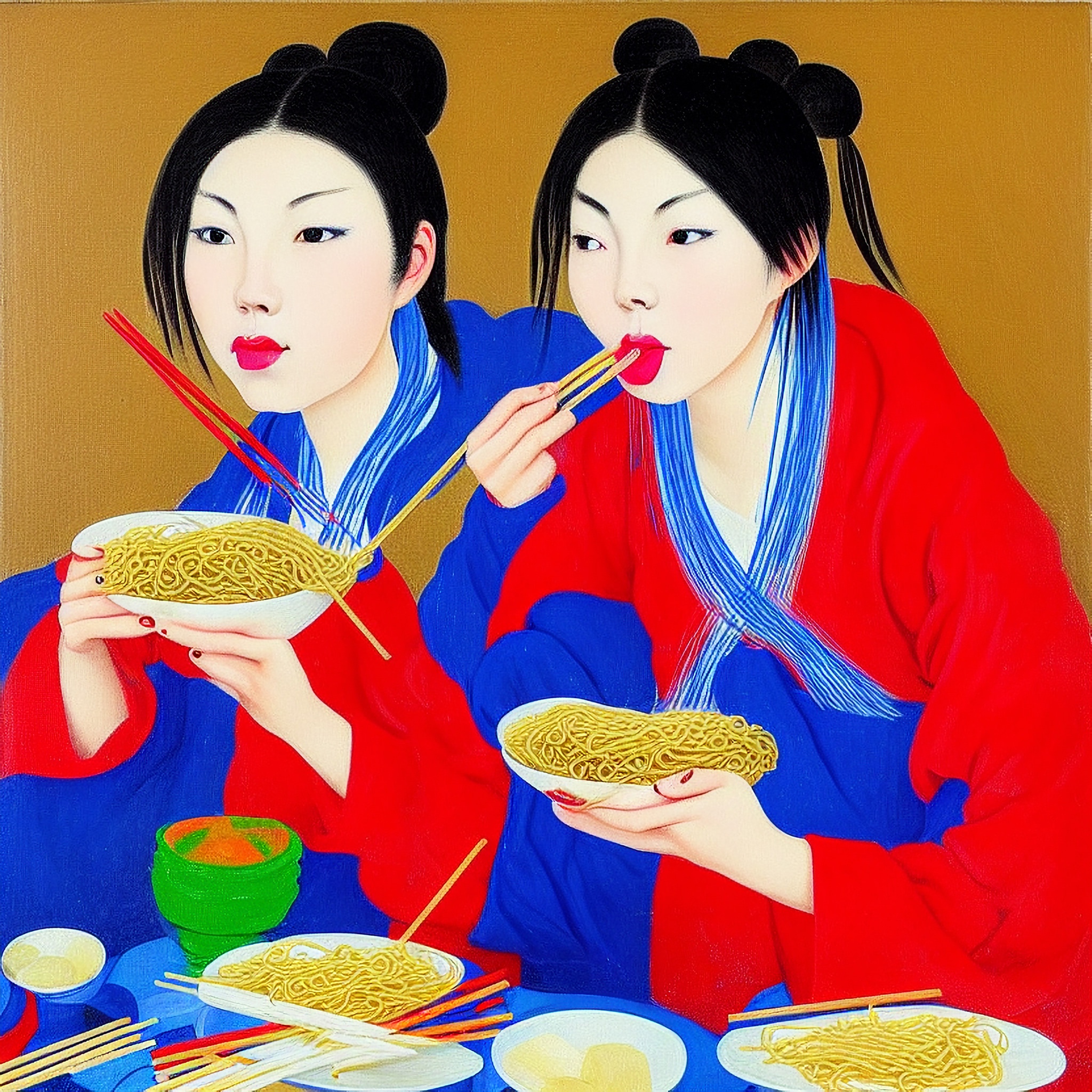 Painting of two women in red and blue traditional clothing eating ramen with chopsticks.