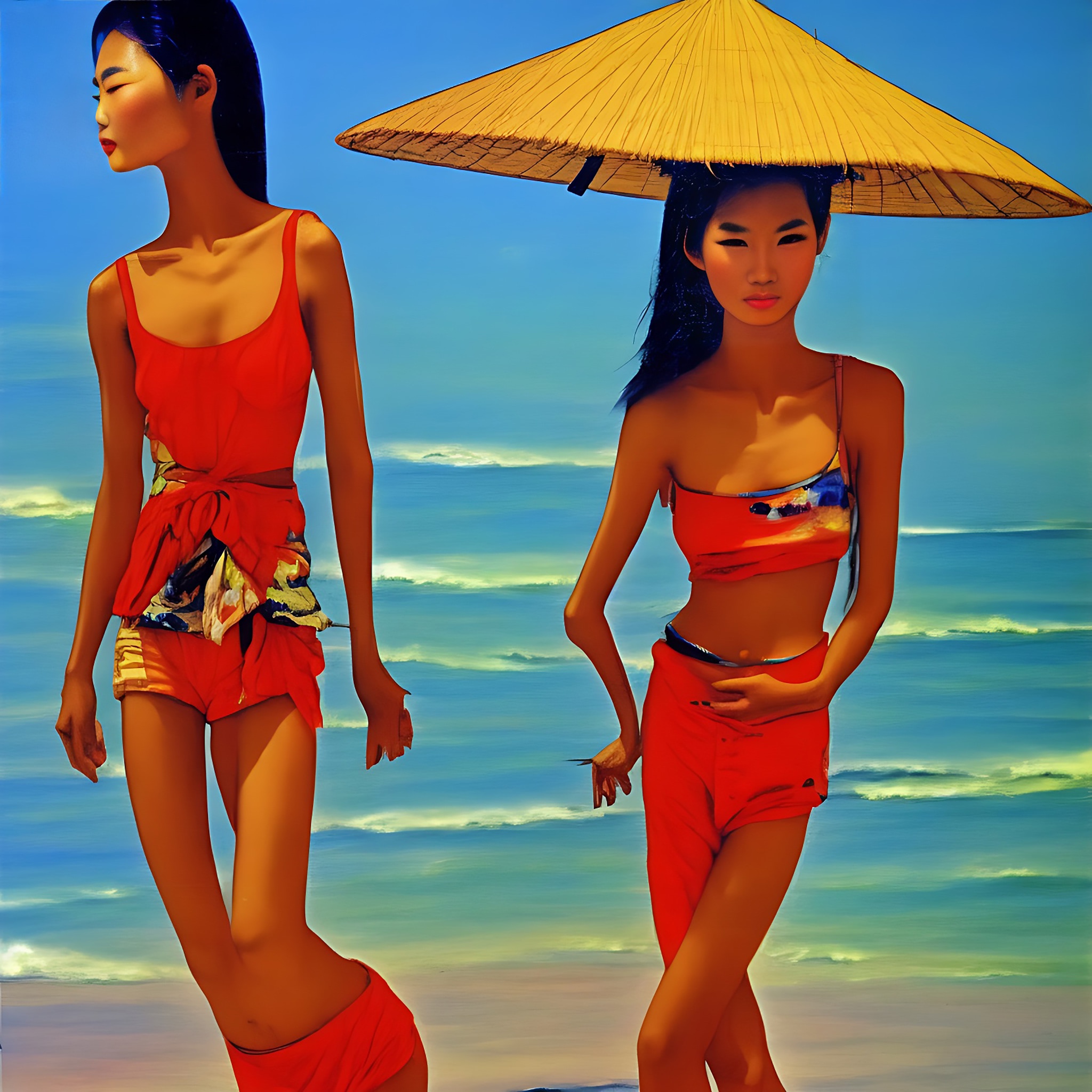 Painting of two Vietnamese women in red swimsuits on a beach, one wearing a conical hat.