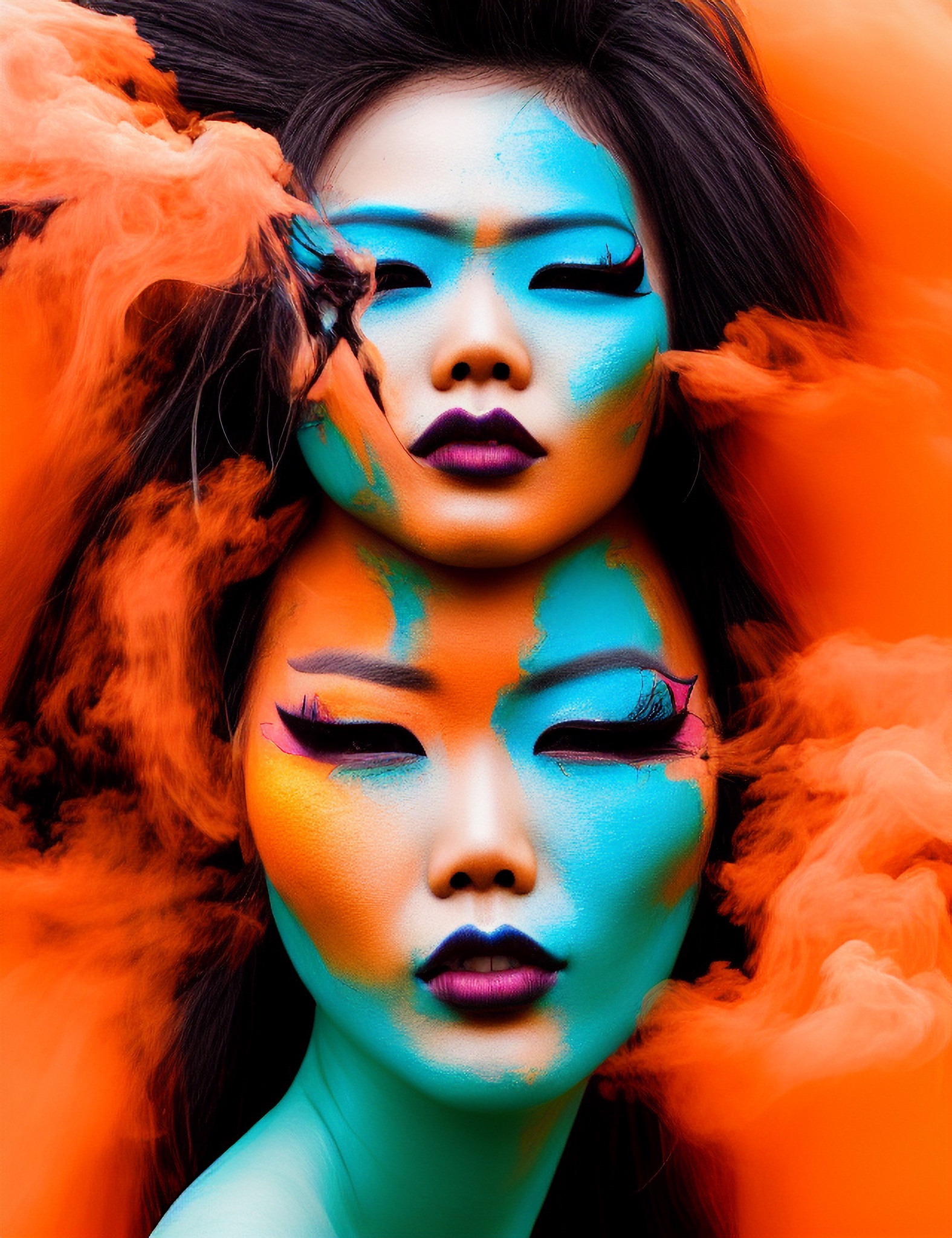Close-up of two women with vibrant blue and orange face paint, surrounded by orange smoke.