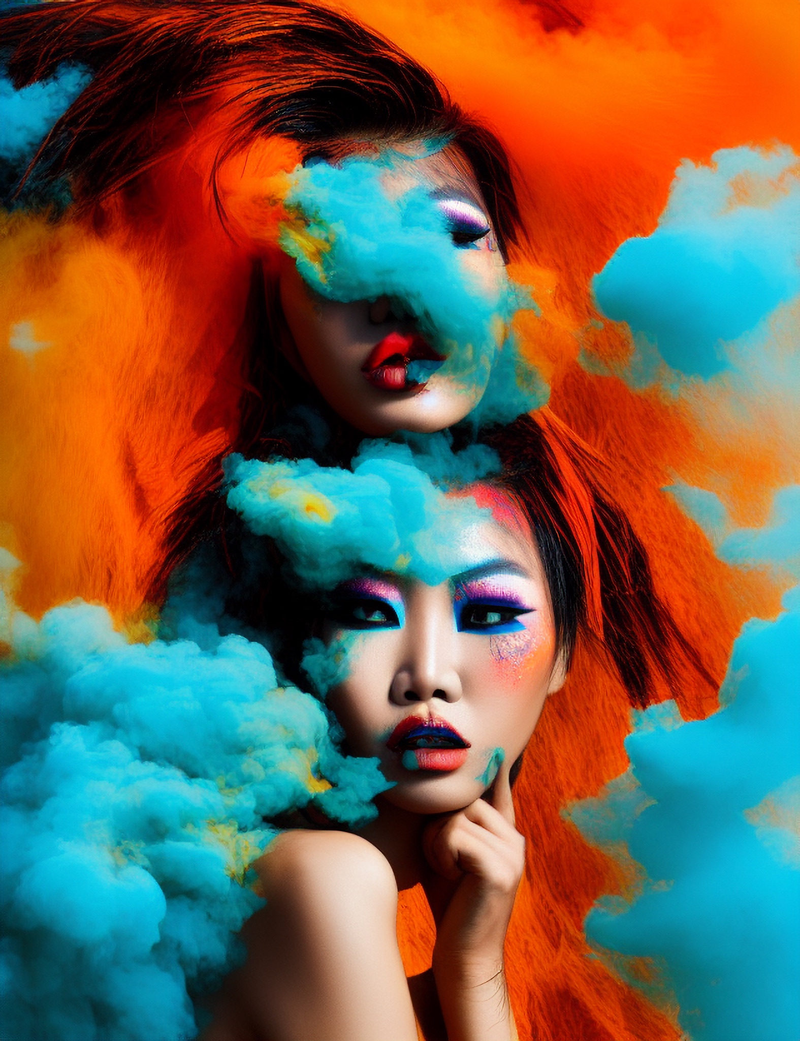 Two Asian women with vibrant makeup and hair partially obscured by teal and orange smoke.