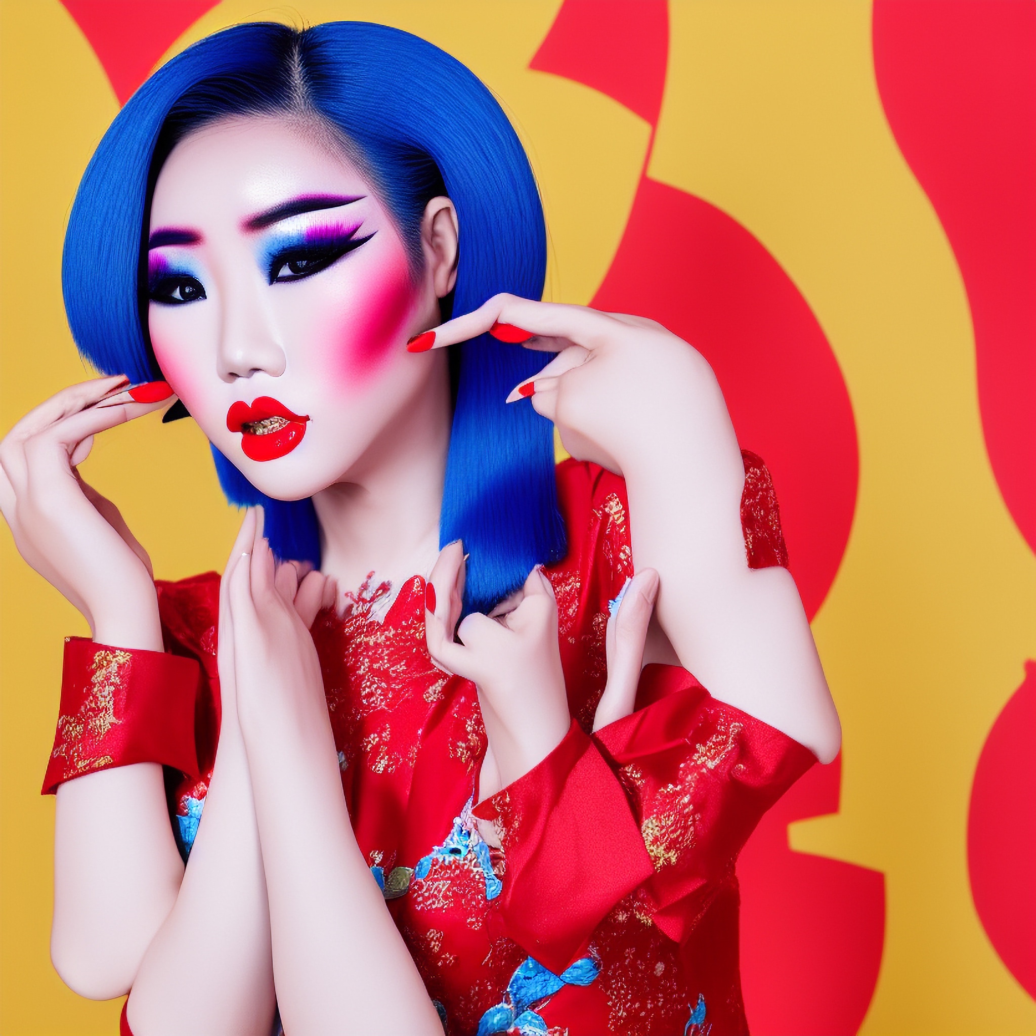 Woman with blue hair and red dress, bold makeup.