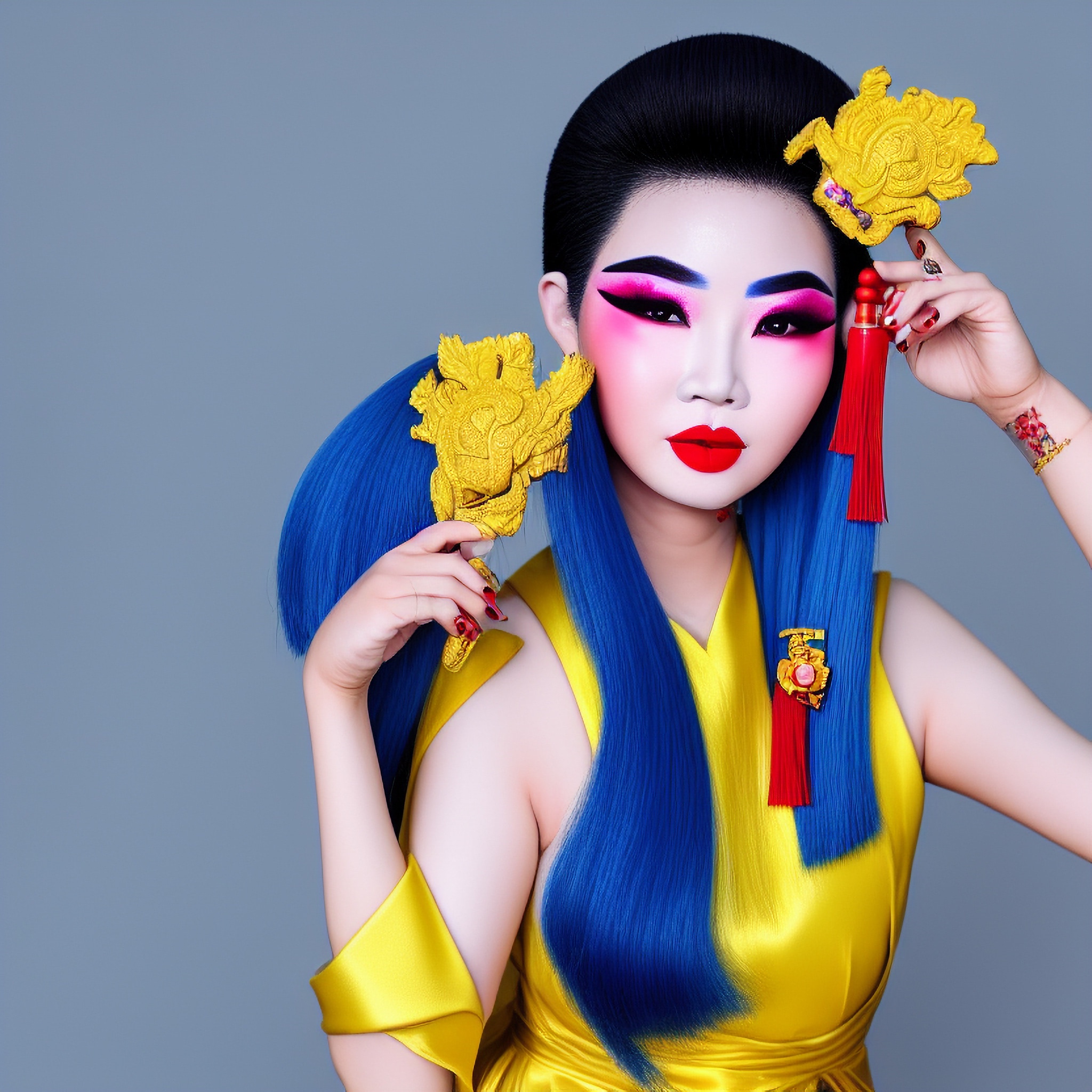 Woman with blue hair and yellow dress, styled with ornate gold and red hair ornaments.