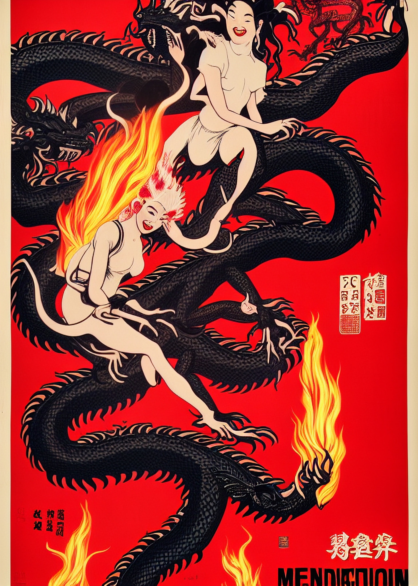 Vintage Asian movie poster featuring women riding a dragon, flames, and Chinese characters.