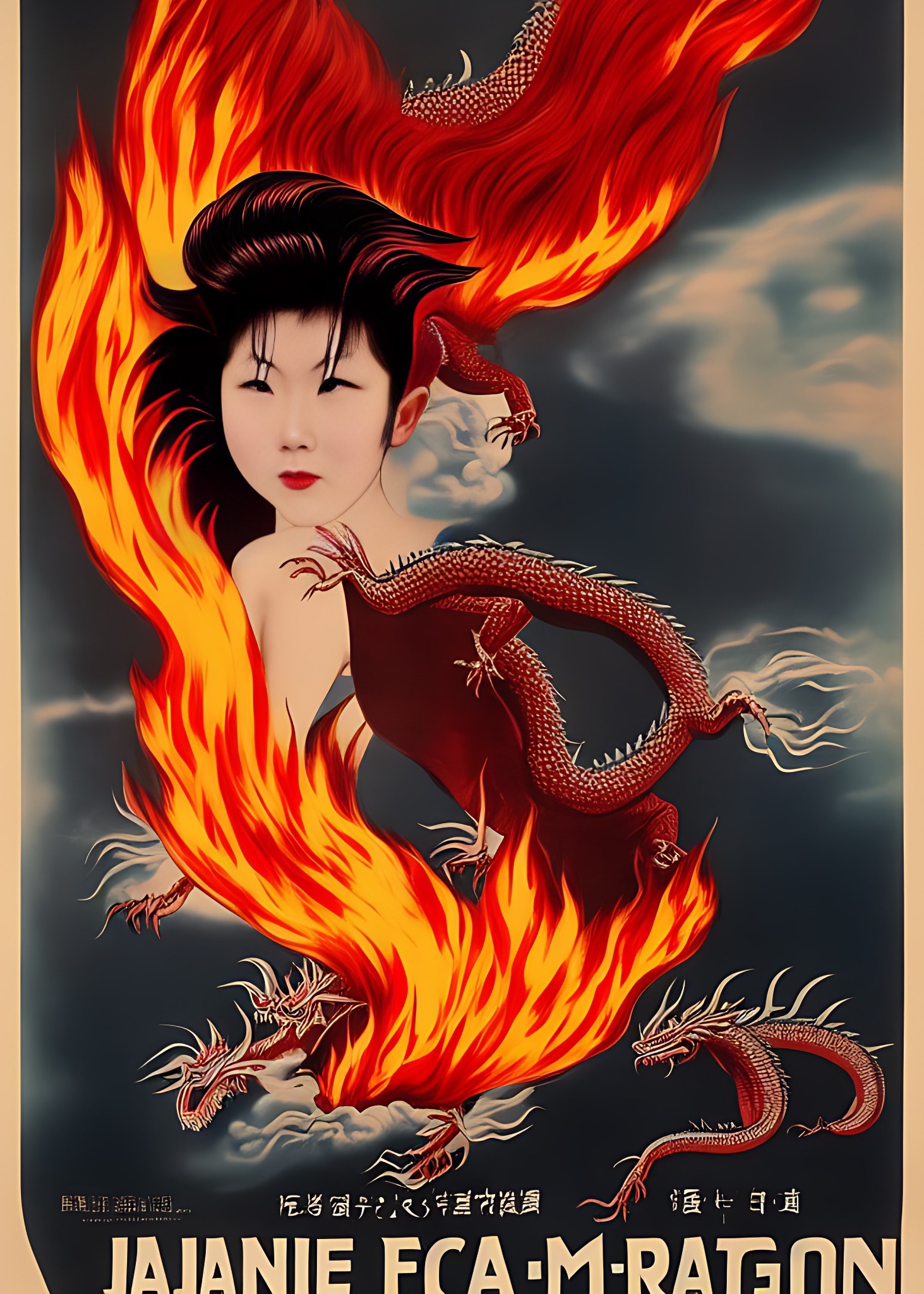 Vintage Asian movie poster featuring a woman with flaming hair and dragons.