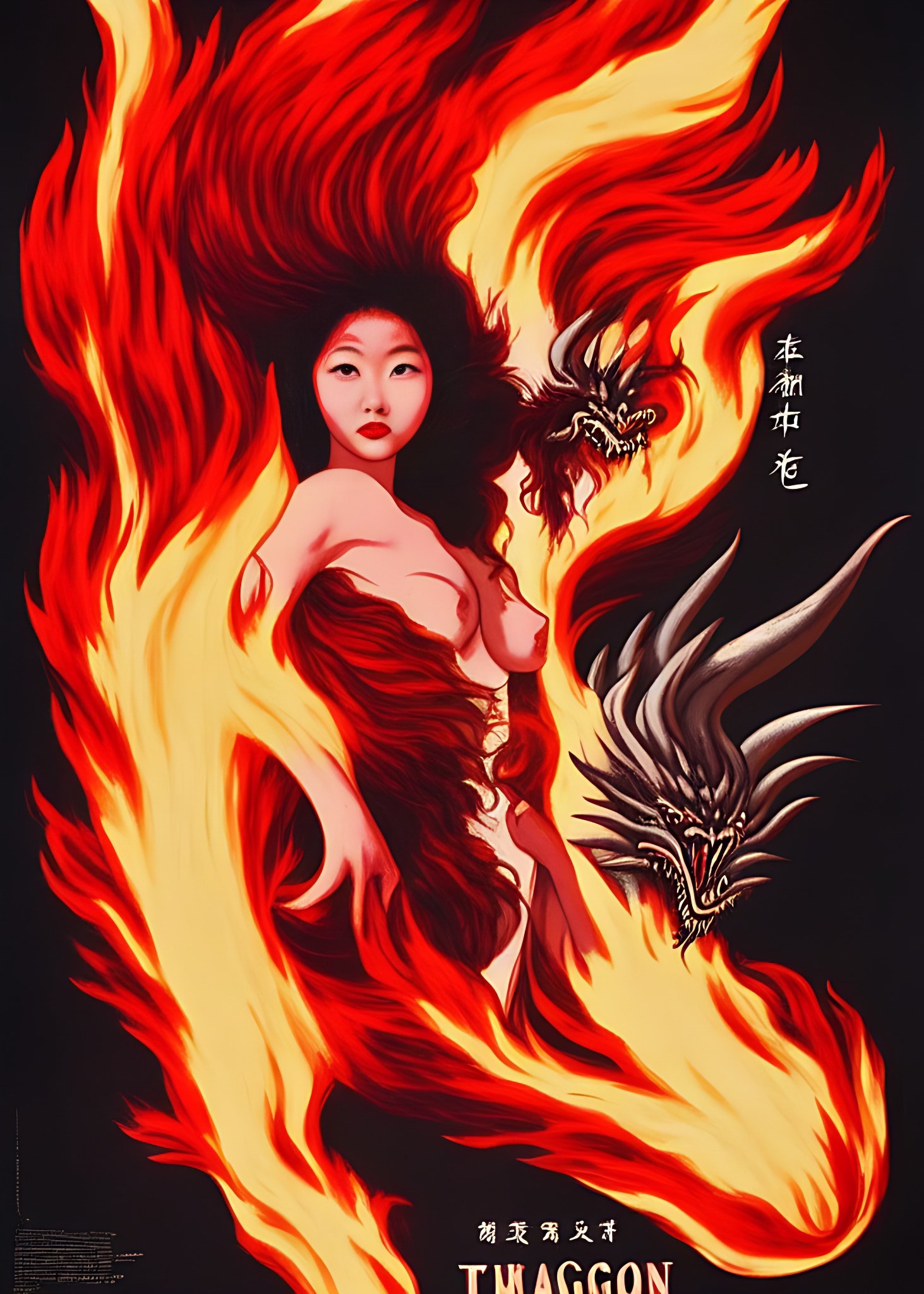 Vintage movie poster; Asian woman engulfed in flames, two dragons.