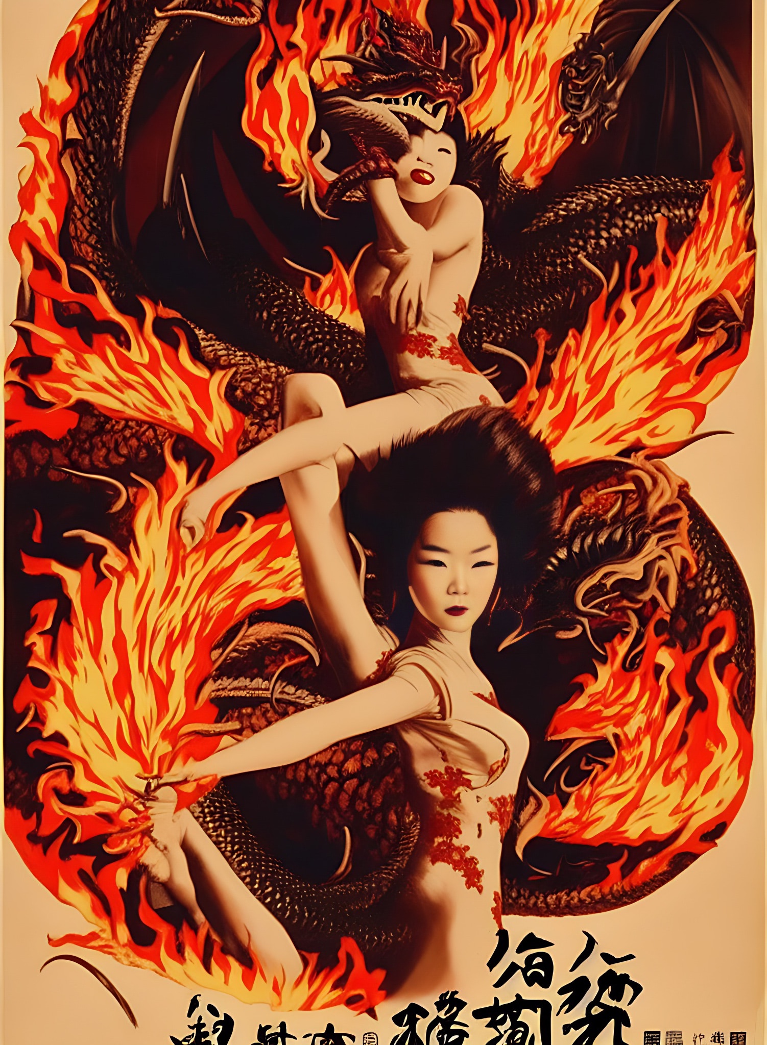 Vintage Asian movie poster featuring two women entwined with a fiery dragon.