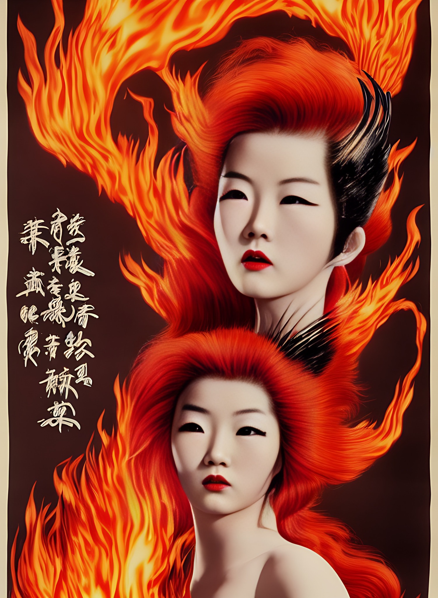 Vintage Asian movie poster featuring two women with fiery red hair.