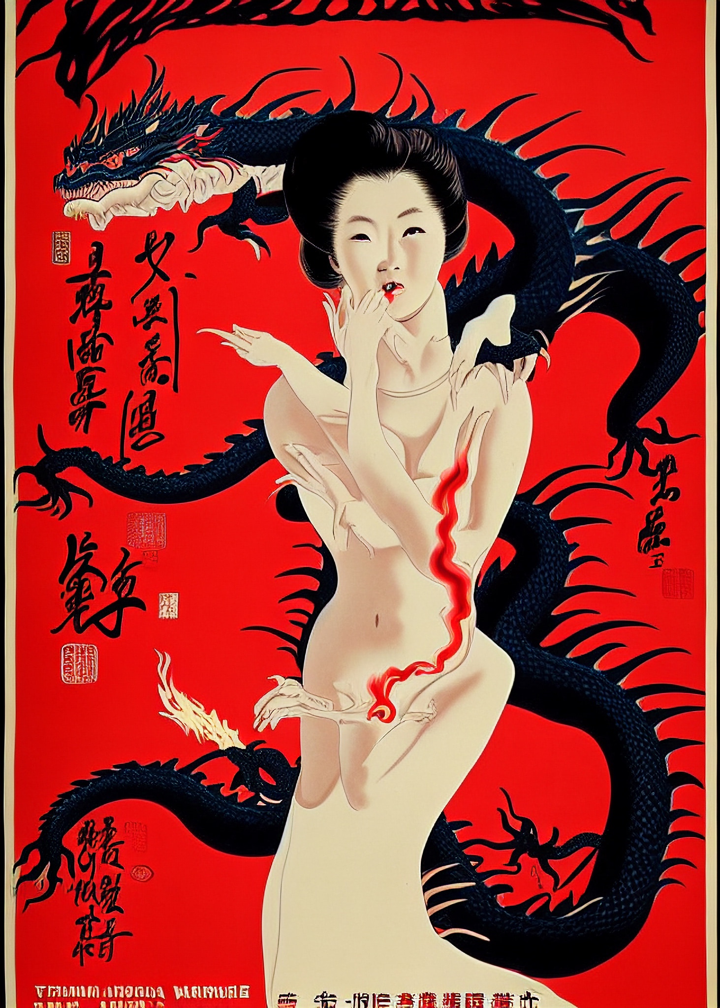 Vintage Asian movie poster featuring a woman and a dragon on a red background.
