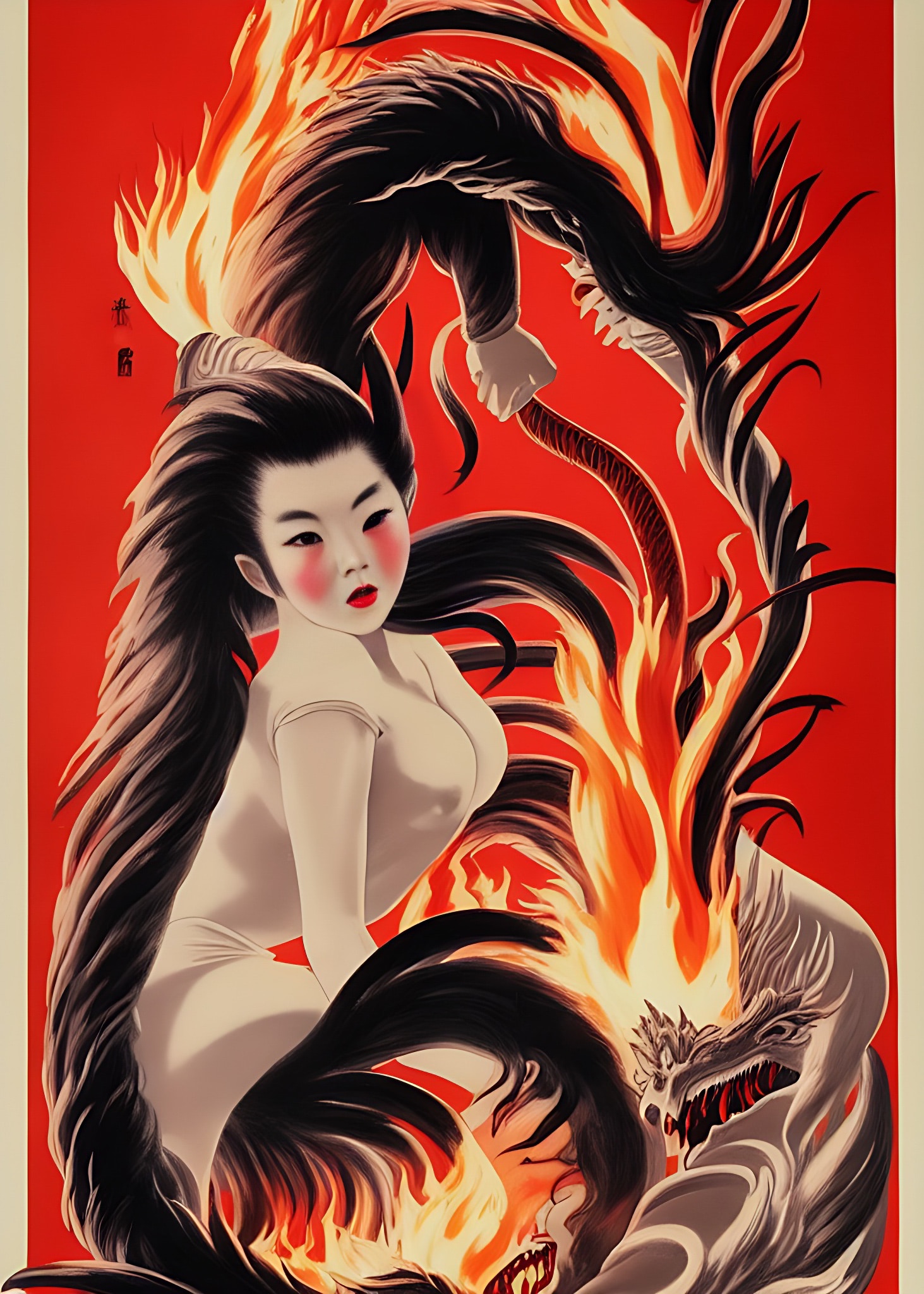 Vintage Asian movie poster featuring a woman with long black hair amidst fiery, dragon-like forms.