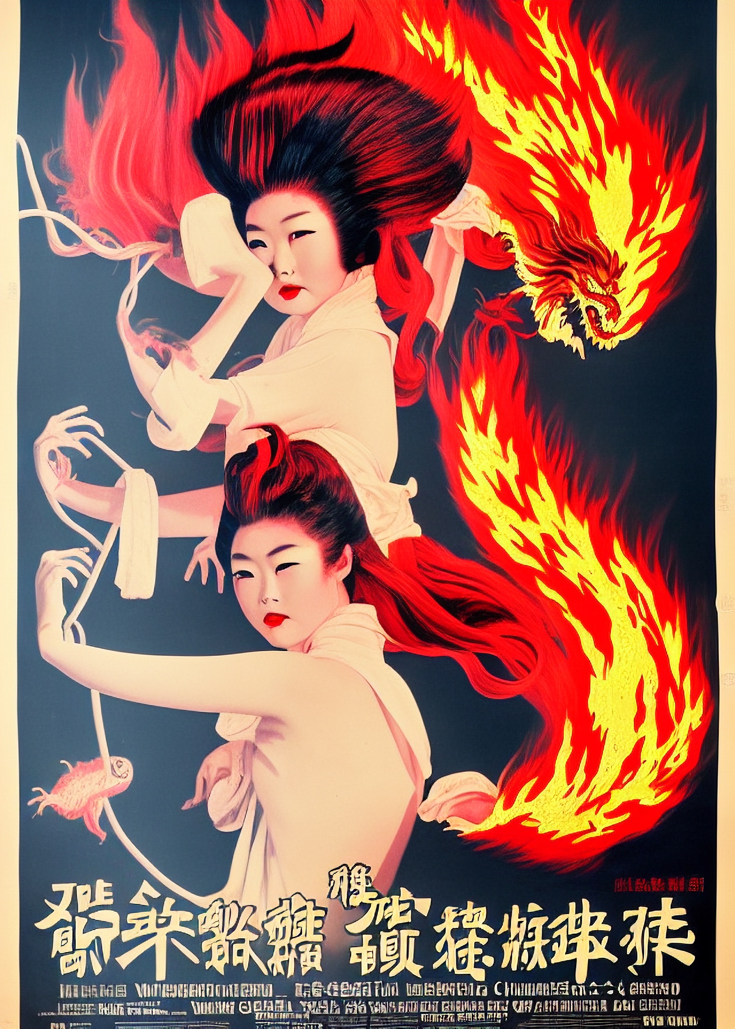 Vintage Asian movie poster featuring two women with fiery red hair, a dragon, and a goldfish.