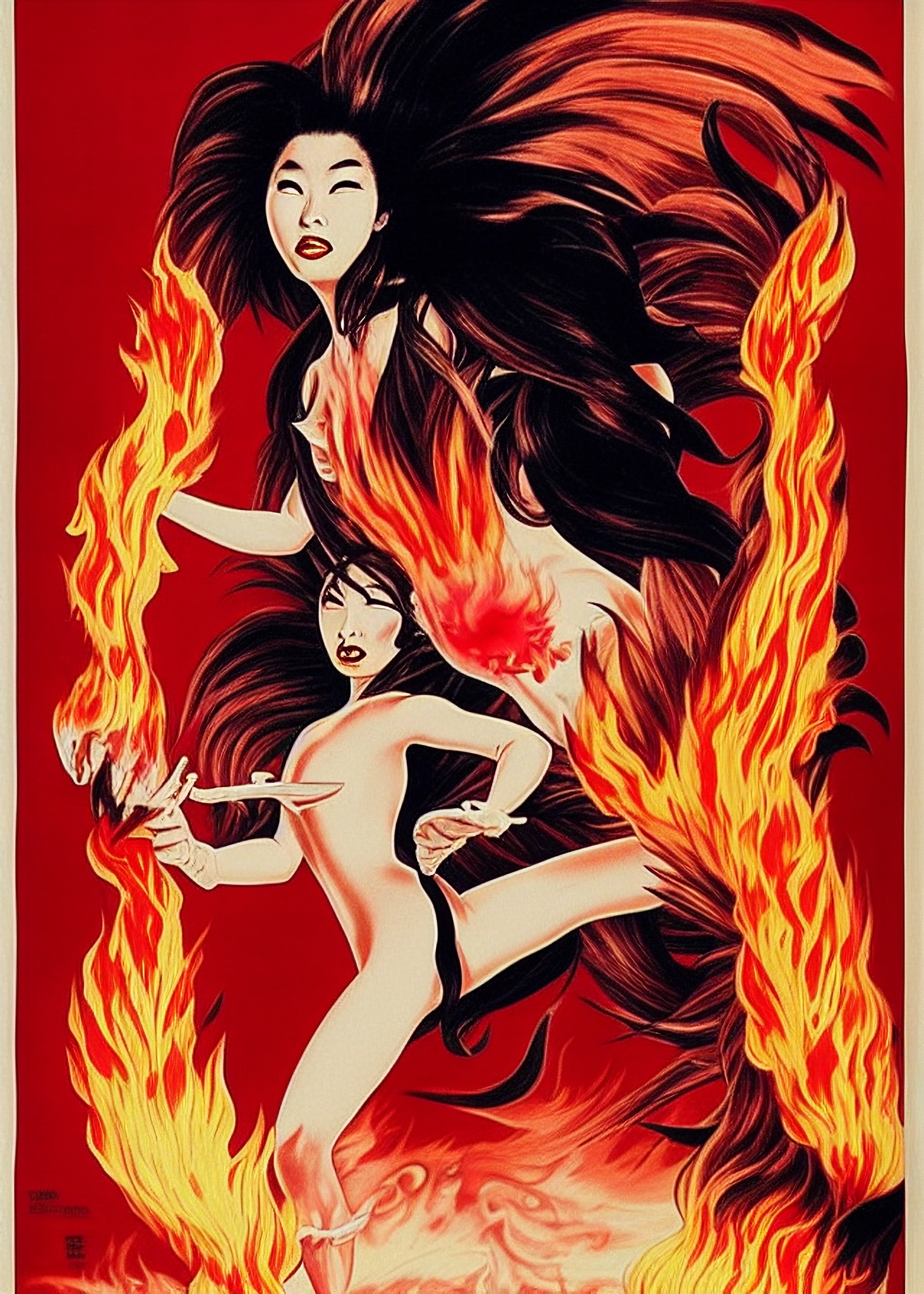 Vintage Asian movie poster depicting two women engulfed in flames.