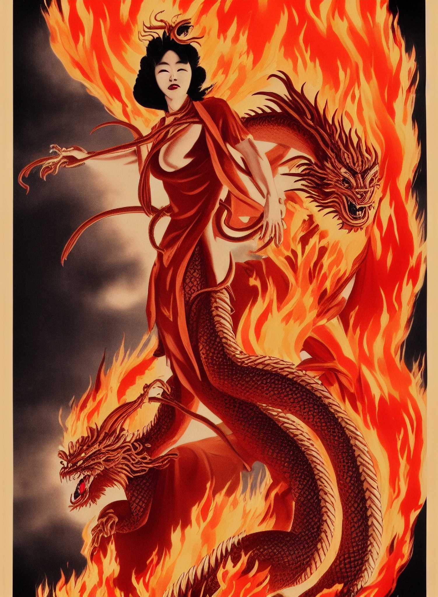 Vintage movie poster depicting a woman with flowing red dress emerging from flames entwined with two dragons.