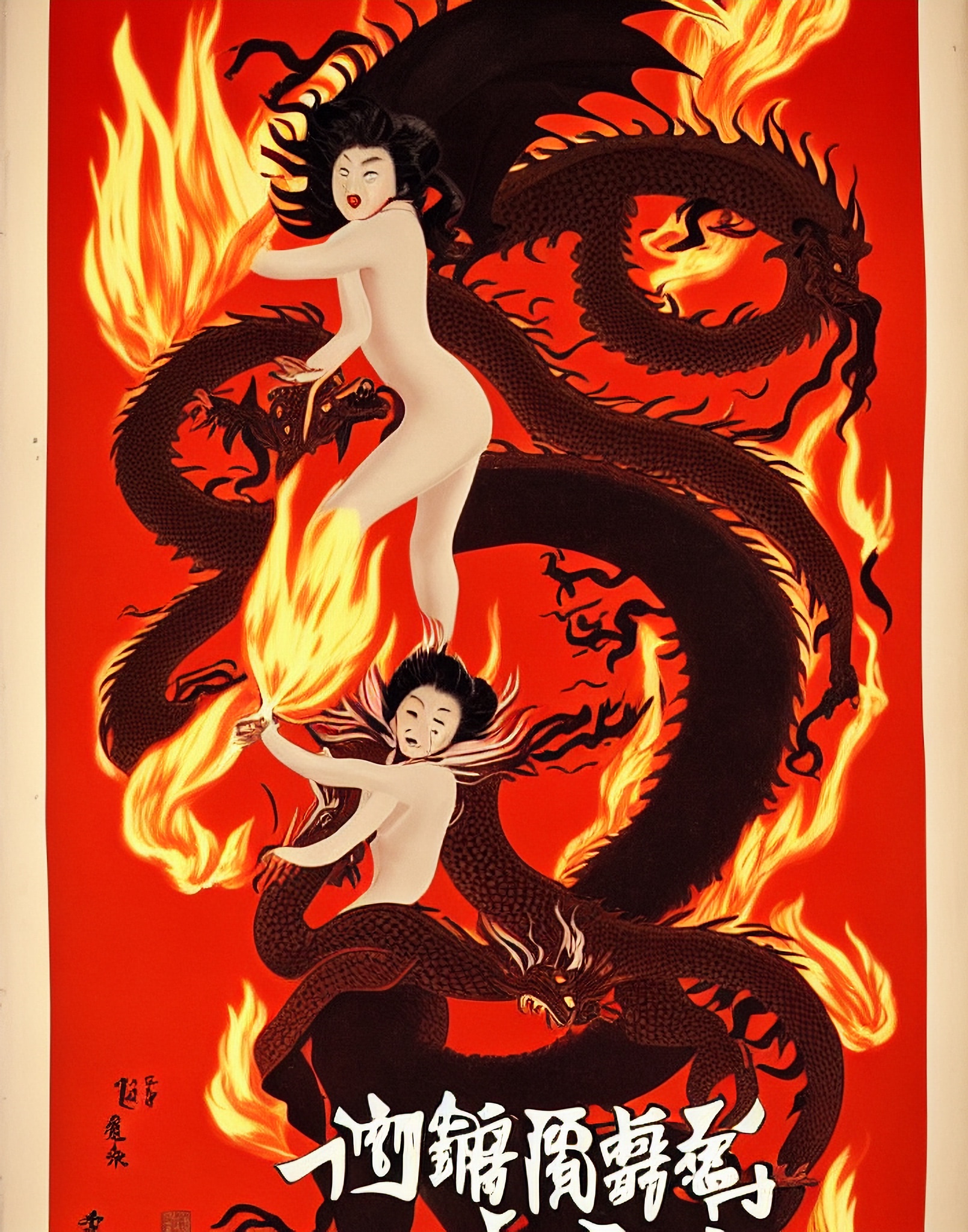 Vintage Asian movie poster featuring two women and a fiery dragon.