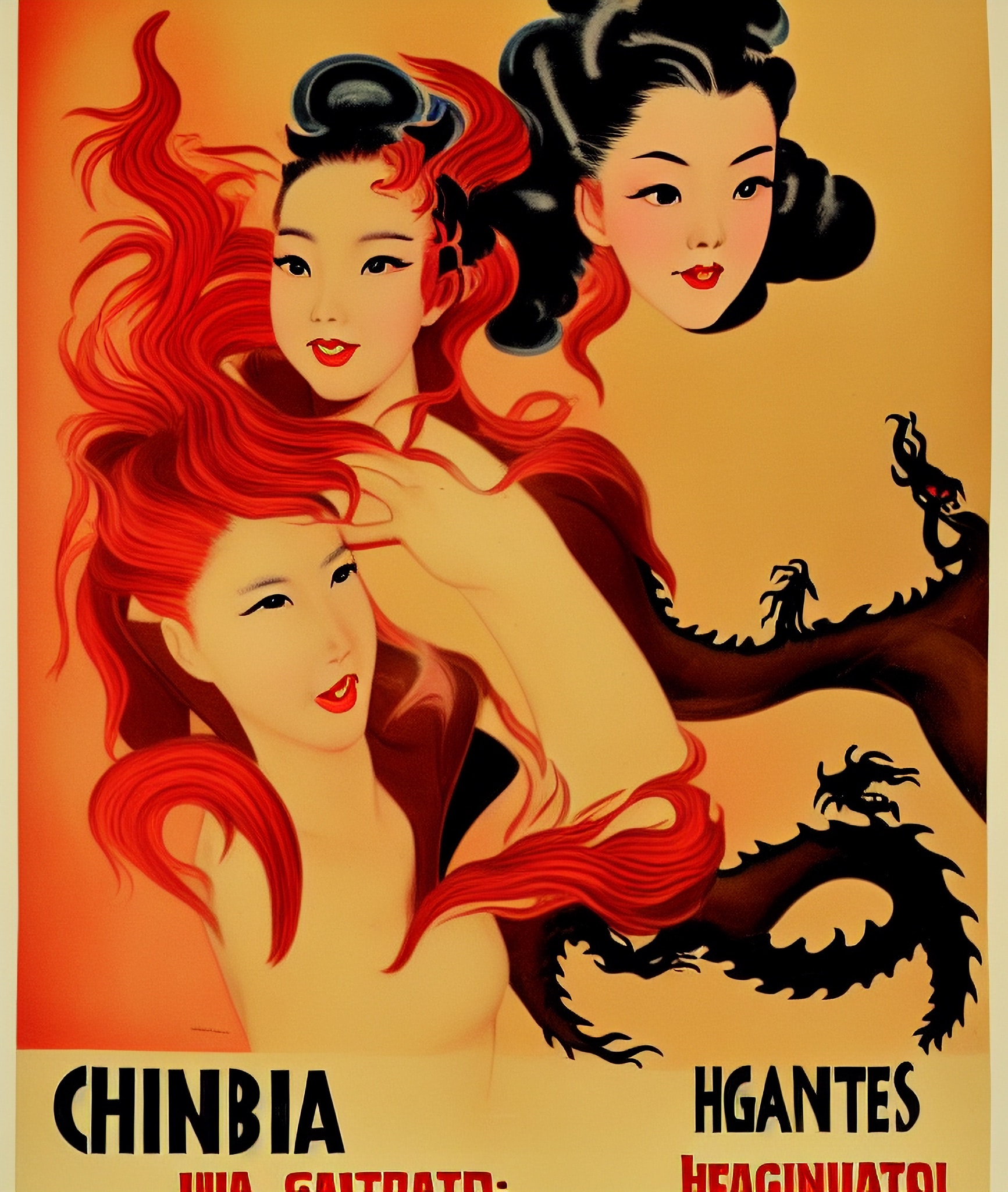 Vintage Hong Kong movie poster featuring three women with flowing hair and a black dragon.