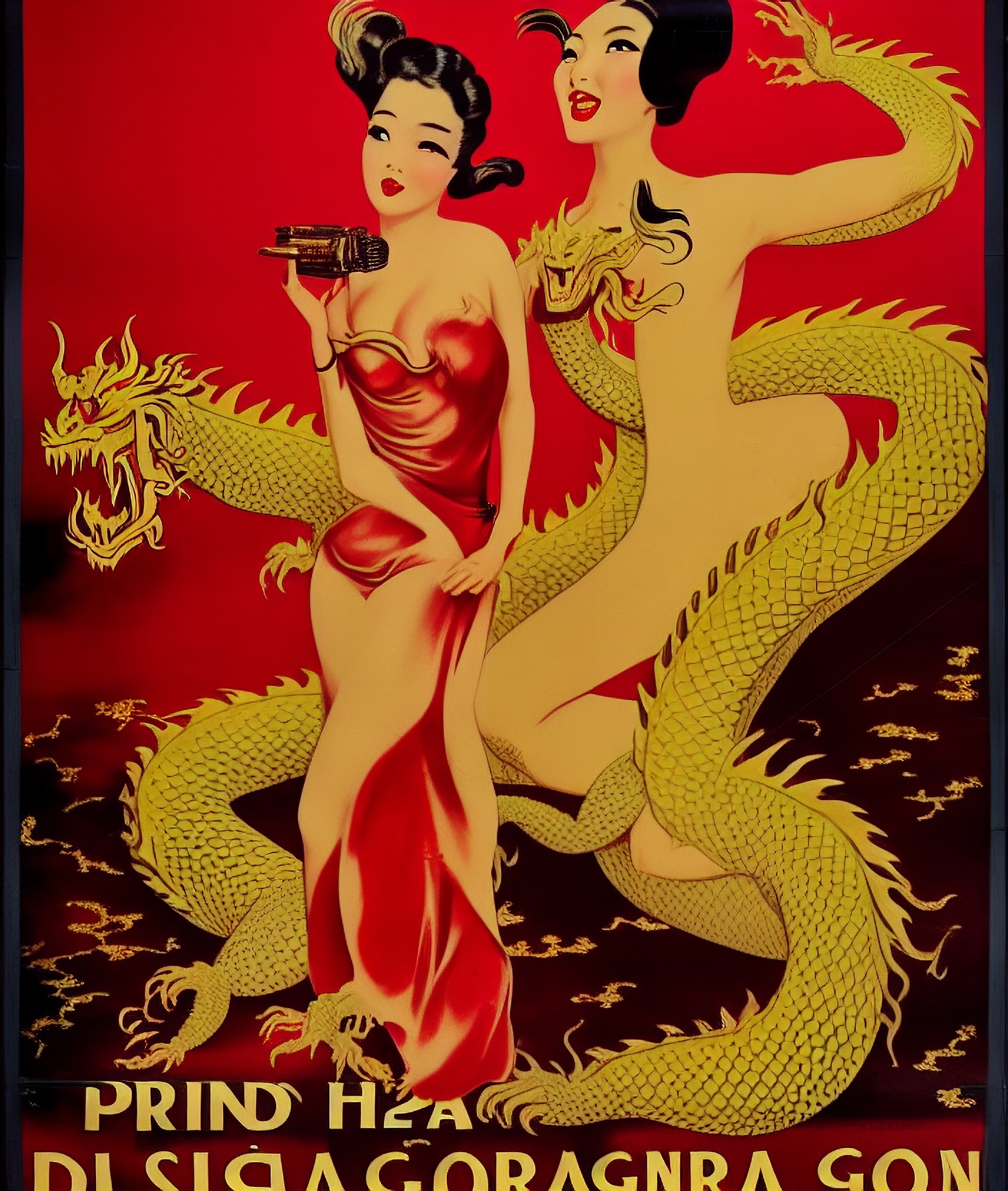 Vintage Hong Kong movie poster featuring two women and dragons.