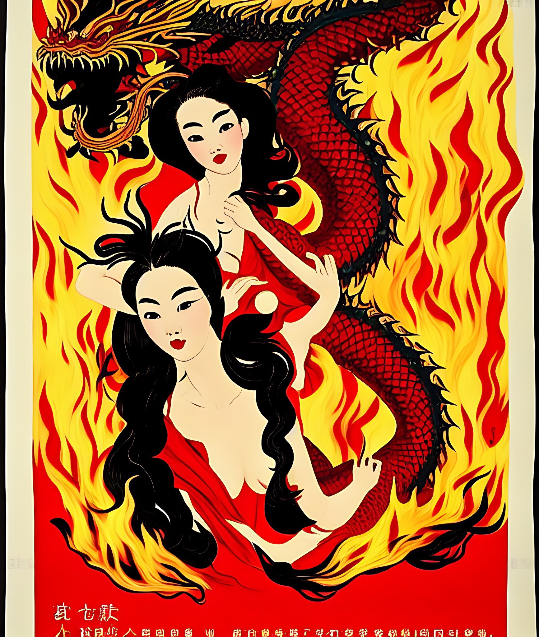 Vintage movie poster featuring two women and a dragon engulfed in flames.