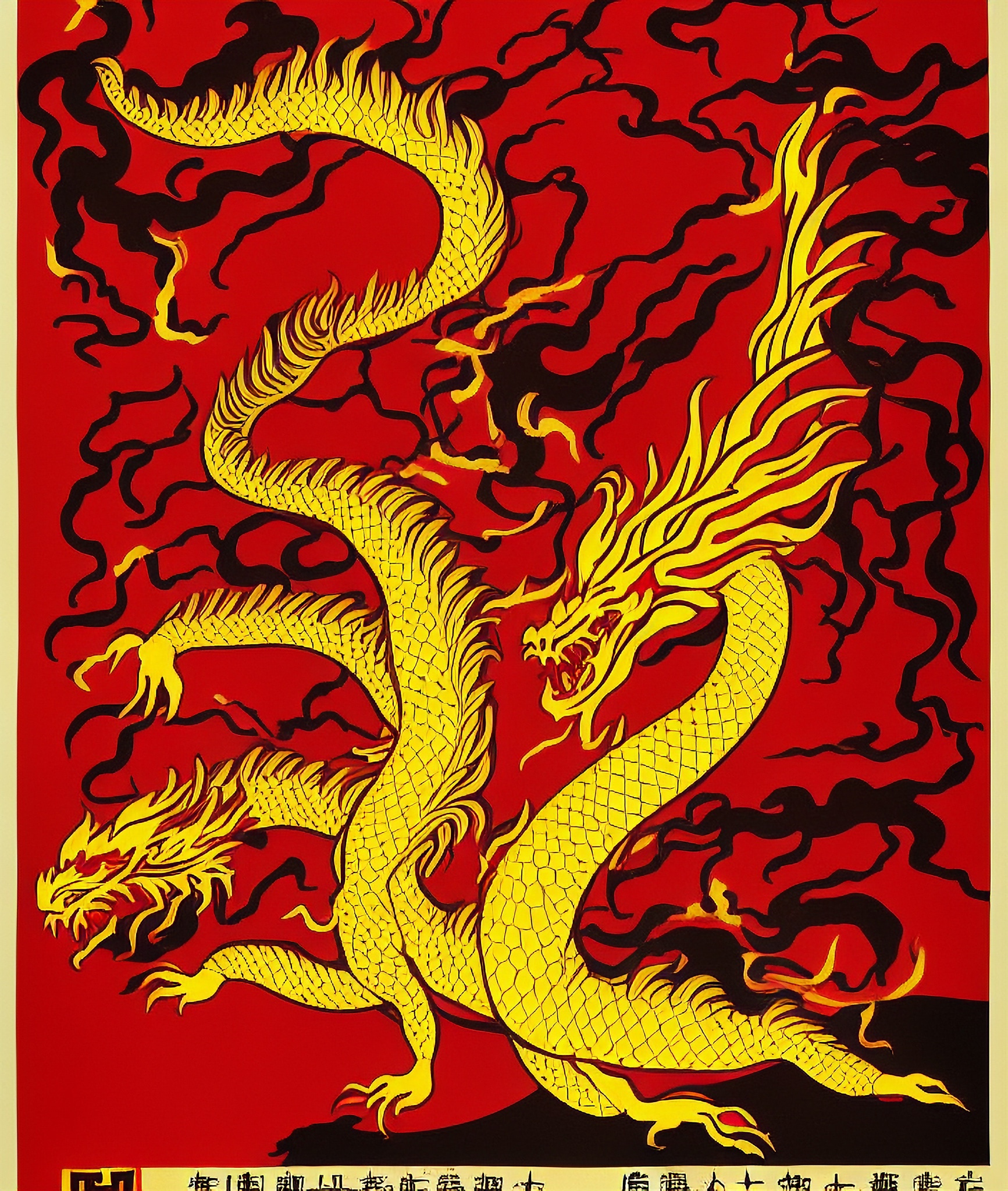 Vintage Hong Kong movie poster featuring a golden dragon on a red background with black flames.