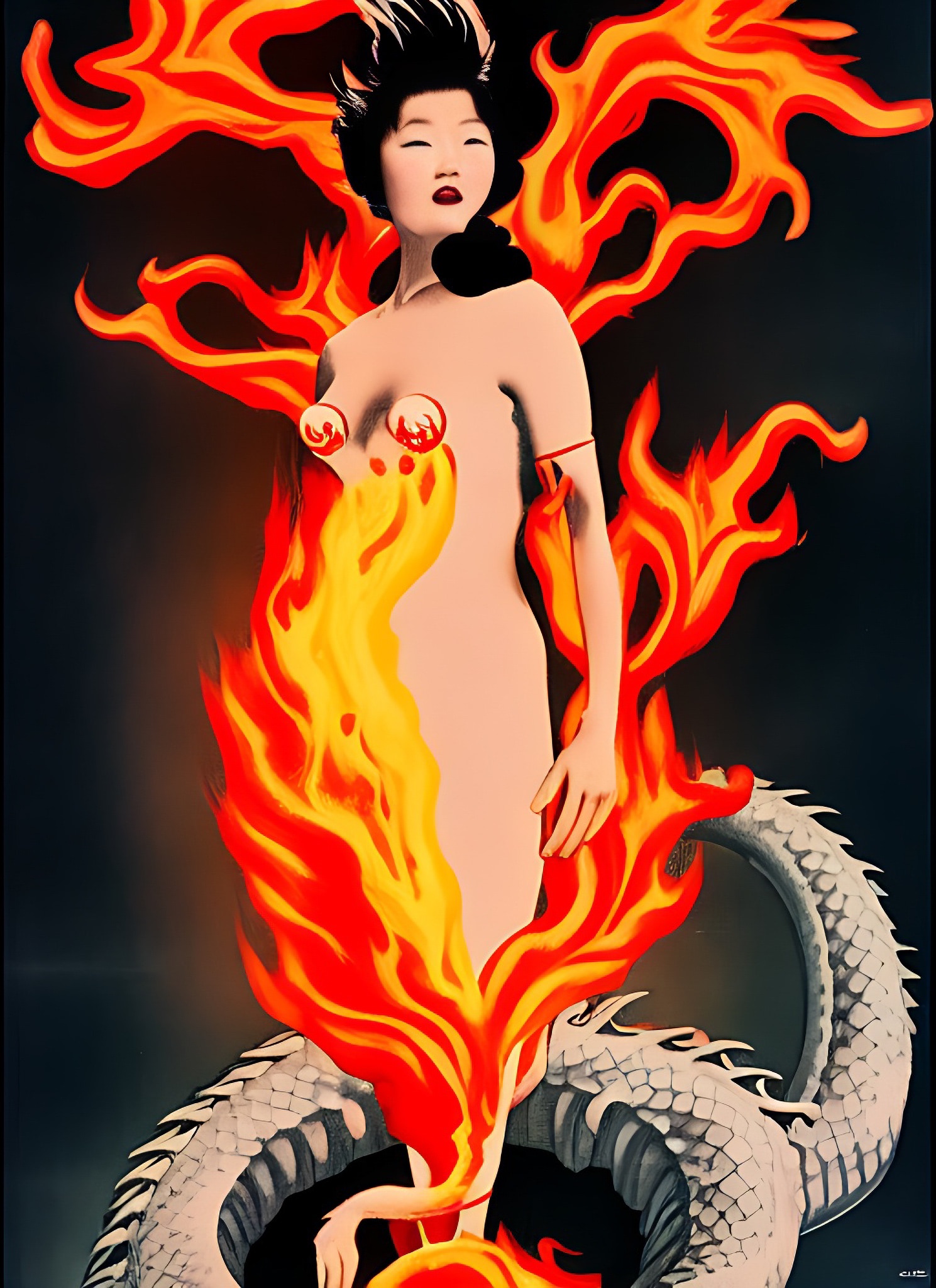 Vintage movie poster of a woman engulfed in flames and entwined with a dragon.