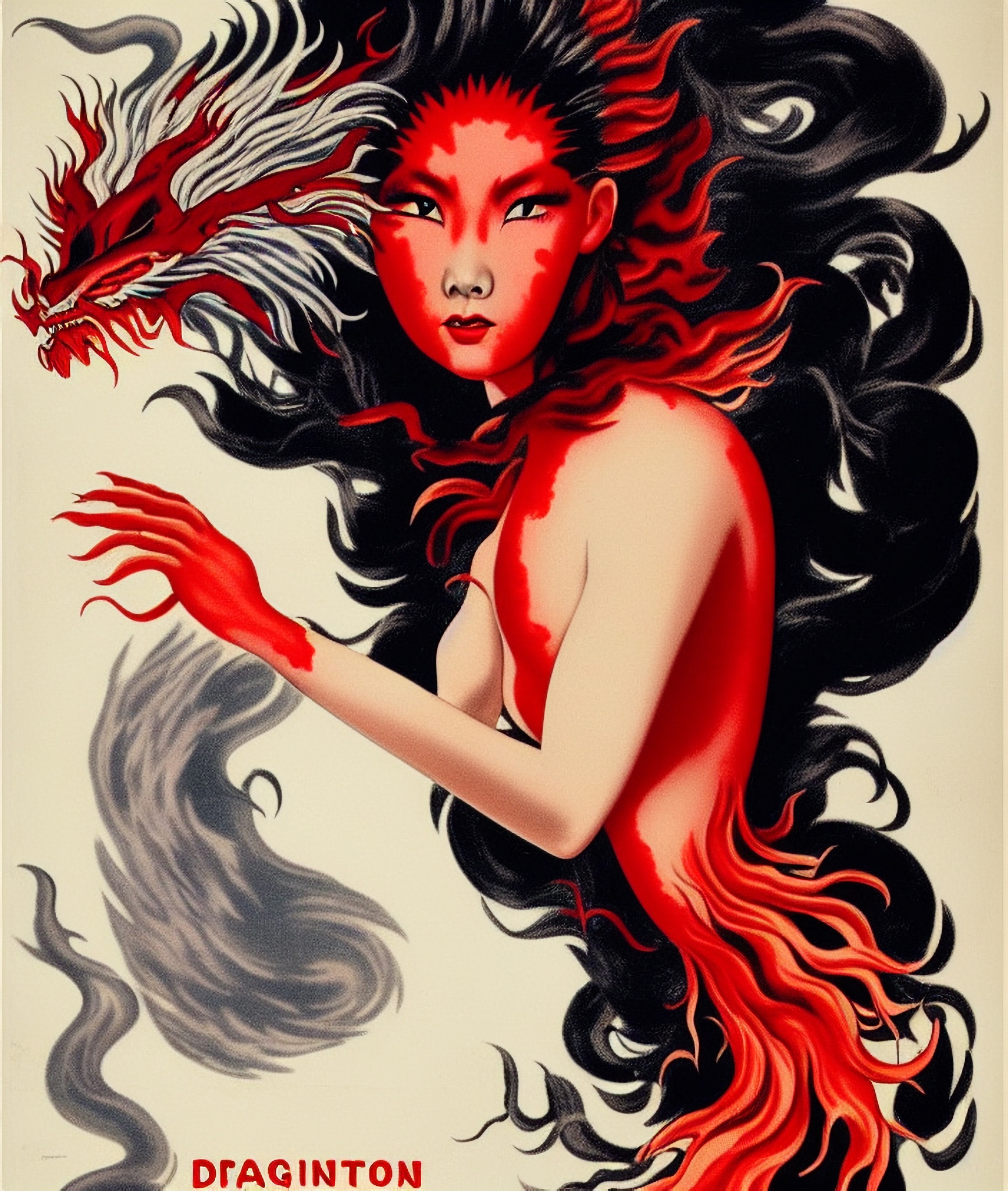 Vintage movie poster featuring a woman with fiery red and black hair, partially merging with a red dragon's head.