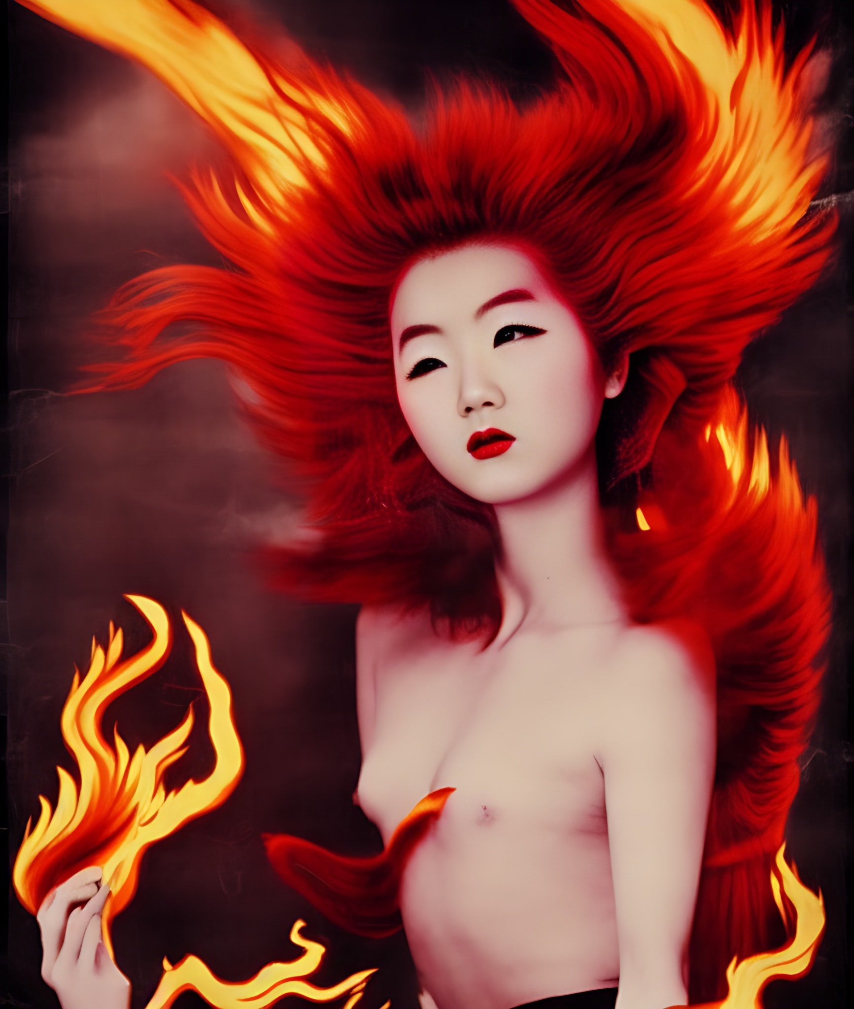 Woman with fiery red hair and flames surrounding her.