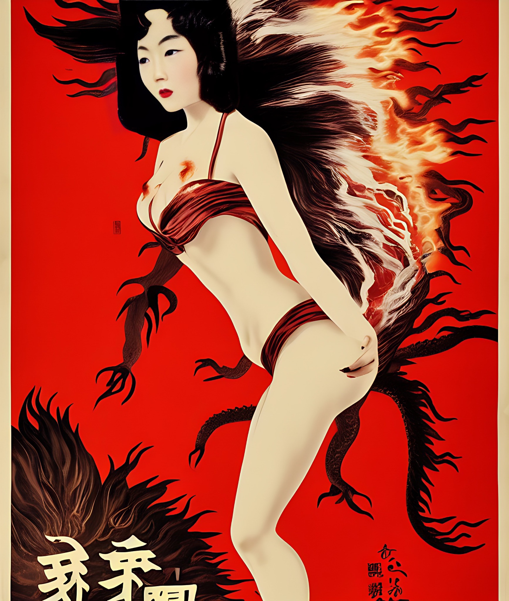 Vintage movie poster of a woman with fiery, dragon-like hair in a red bikini.