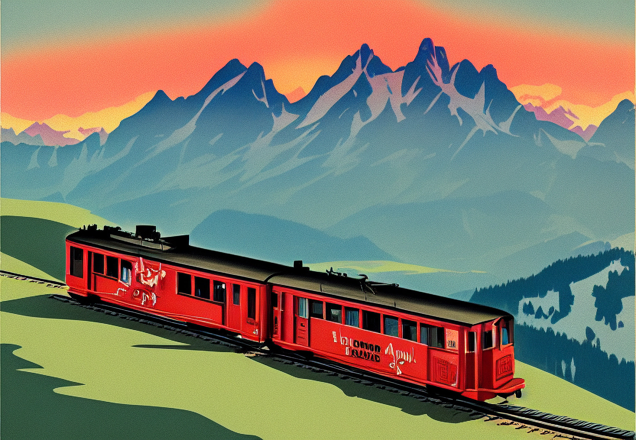 Vintage postcard design of a red train traveling through the Swiss Alps at sunset.