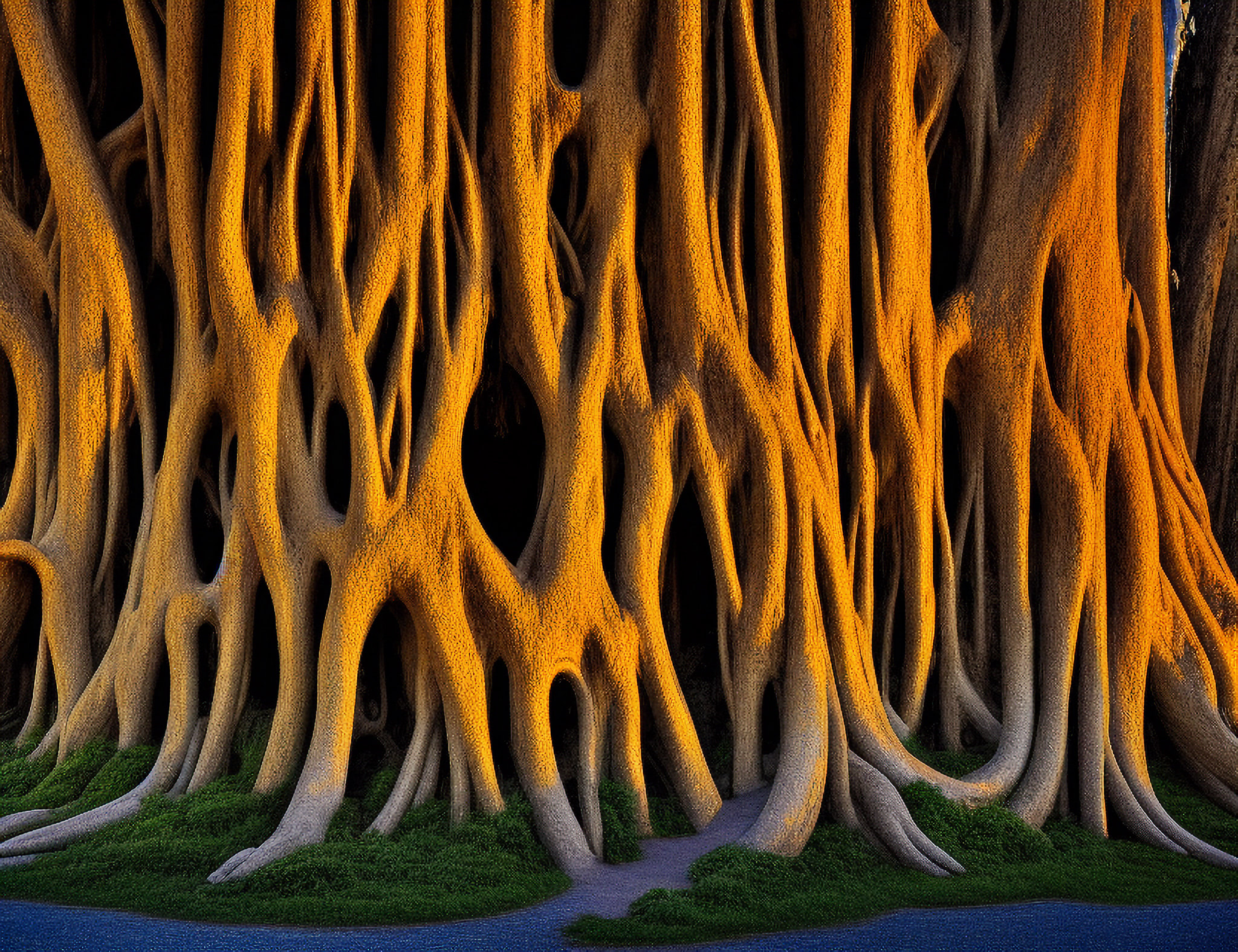 Golden-hued tree roots, thick and intertwined, with green ground cover at the base.