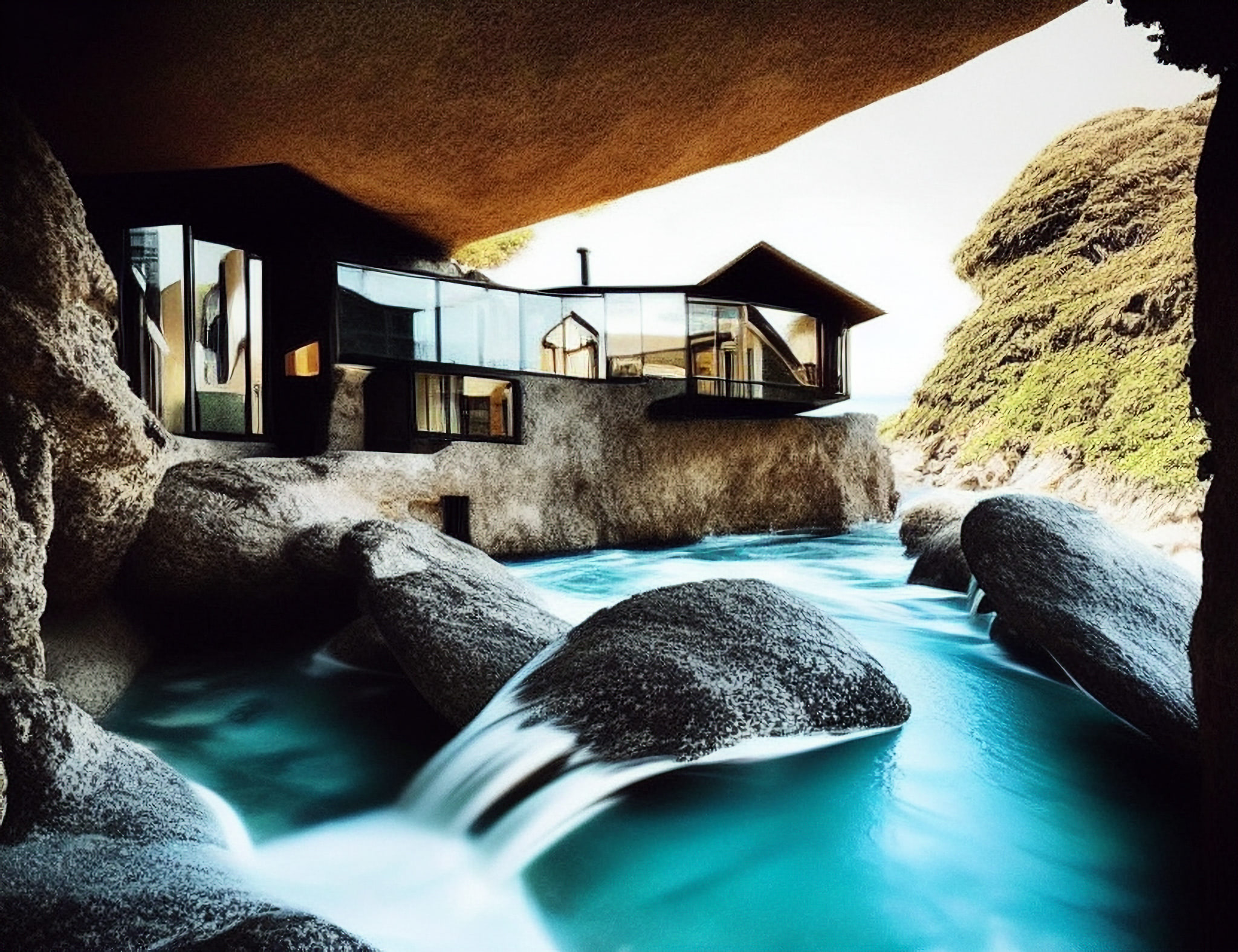 Modern house built into a cliffside overlooking a turquoise stream.