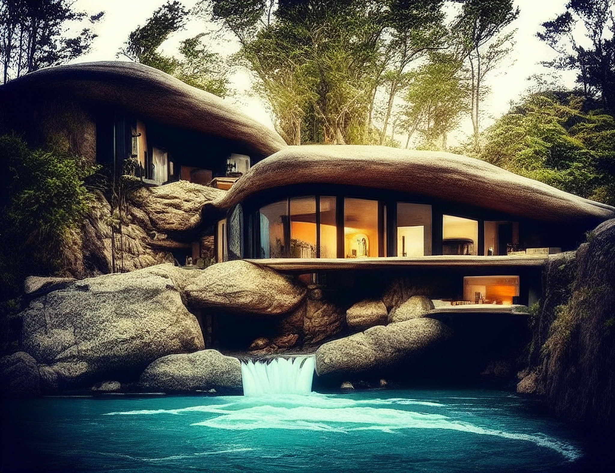 Modern house built into rocks beside a waterfall.