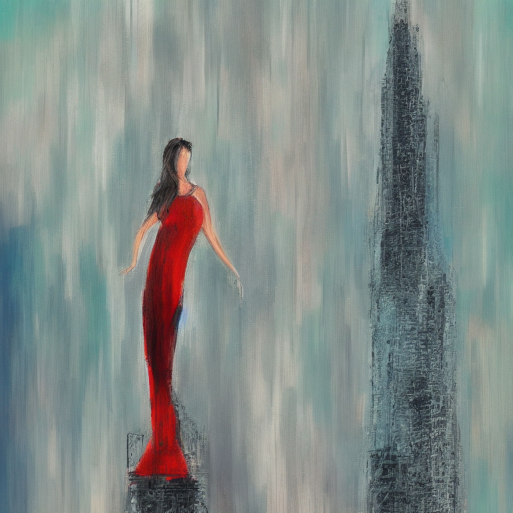 Painting of a woman in a red dress standing before a textured, dark gray shape.