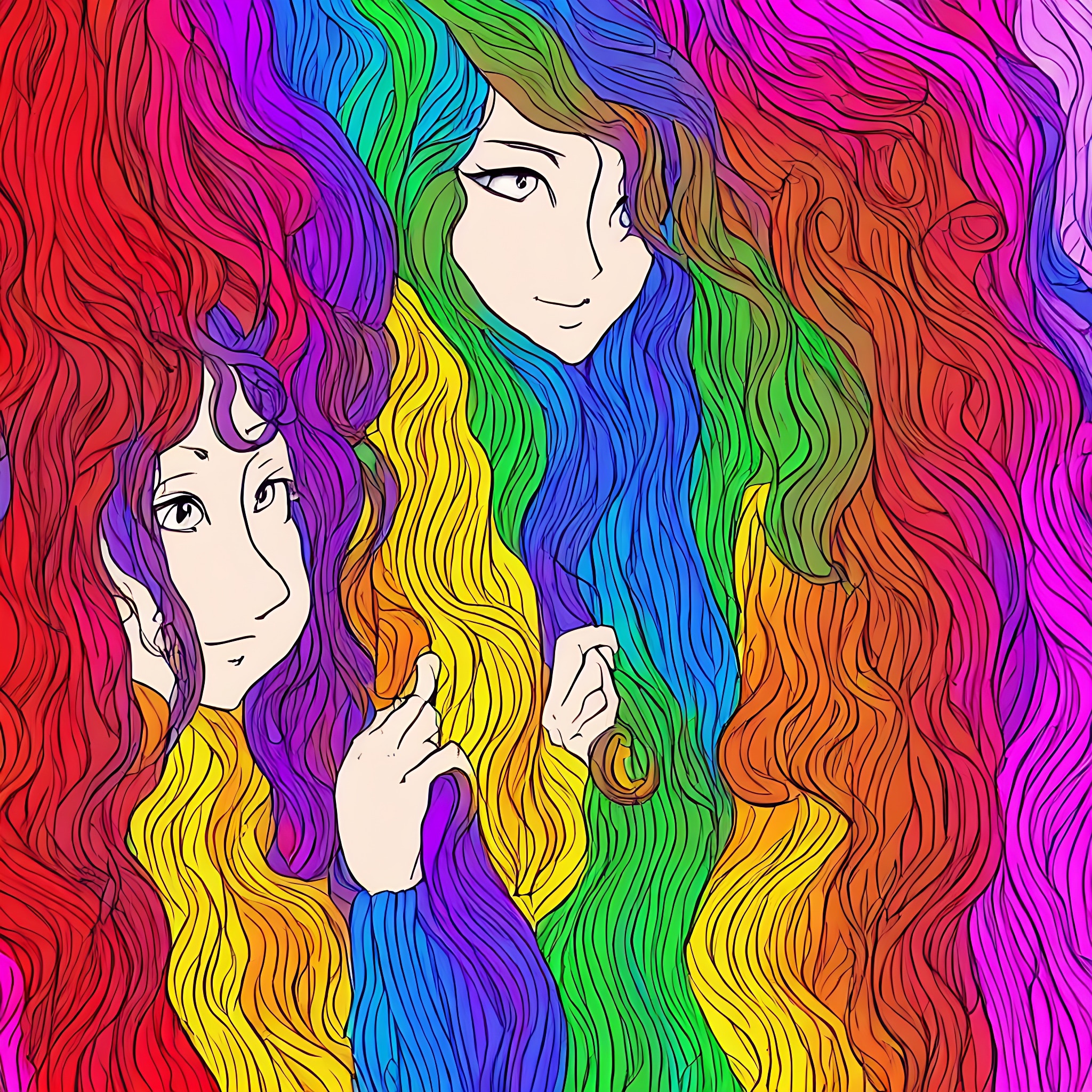 Anime-style illustration of two women with rainbow-colored hair.