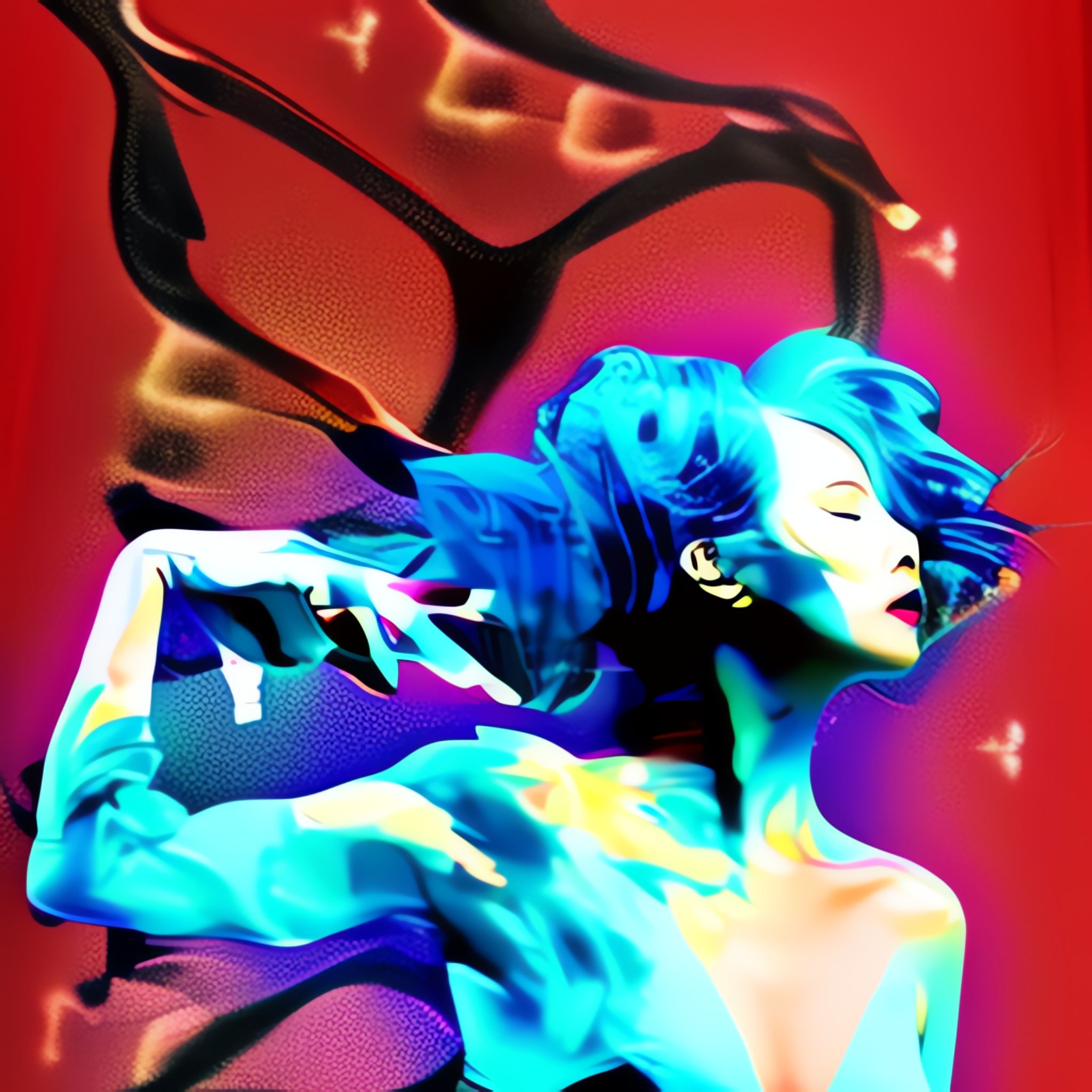 Stylized portrait of Kasumi Arimura with vibrant blue hair and clothing against a red background.