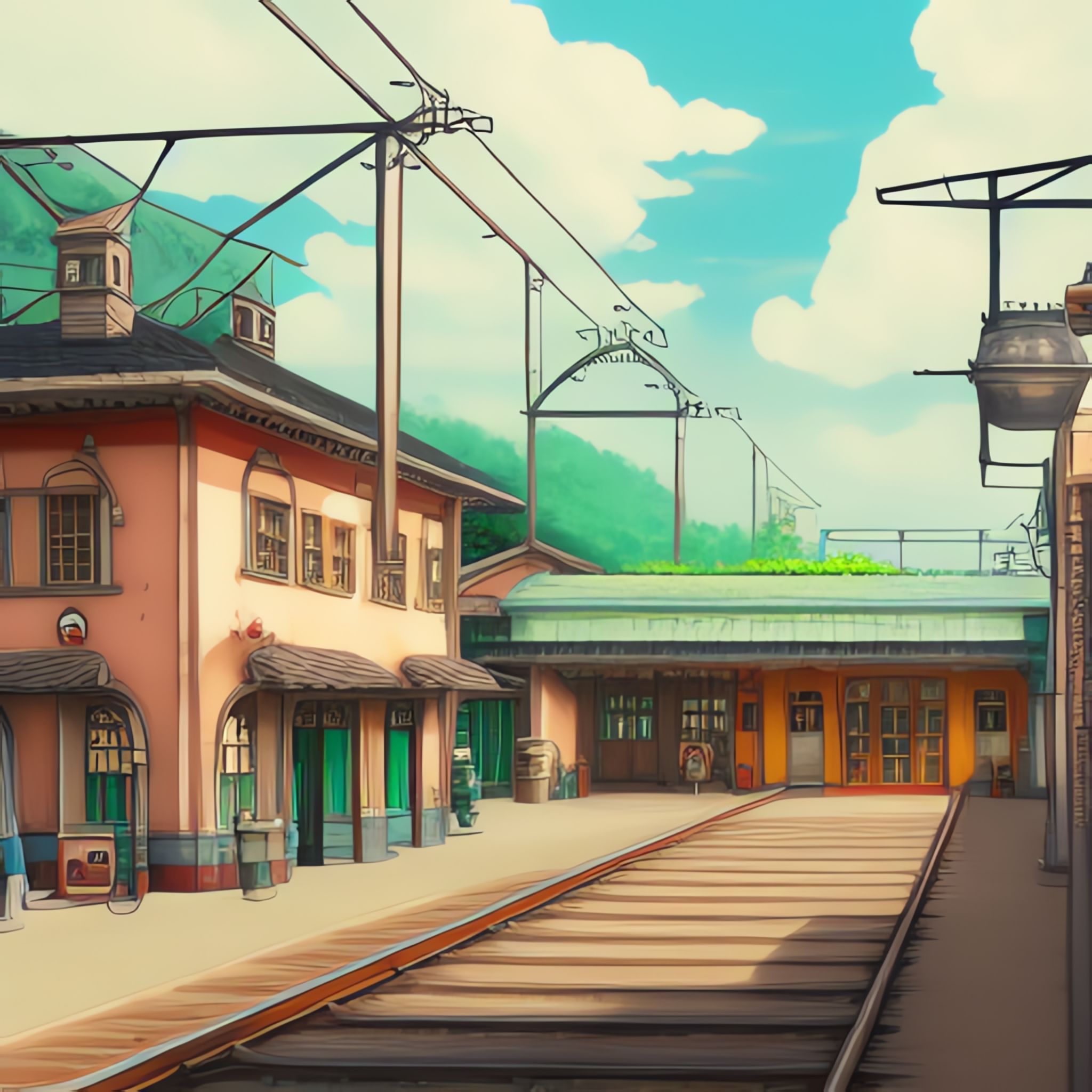 Vintage train station in Italian village, Studio Ghibli style.
