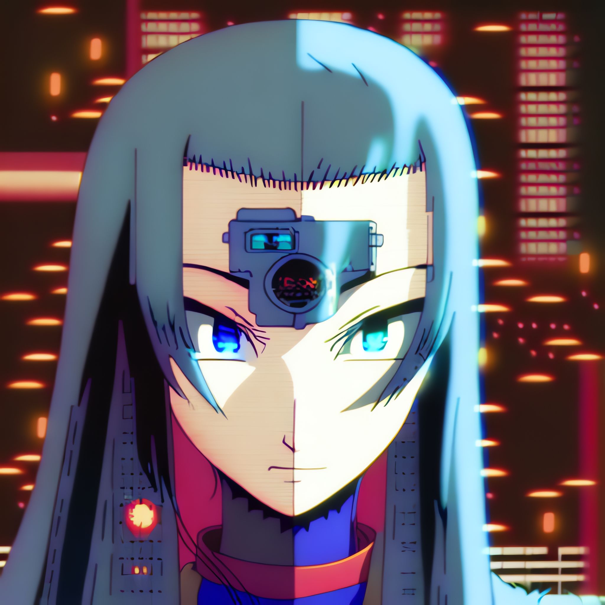 Anime-style portrait of a serious-looking girl with blue hair and eyes, wearing a device on her forehead, against a dark, glowing background.
