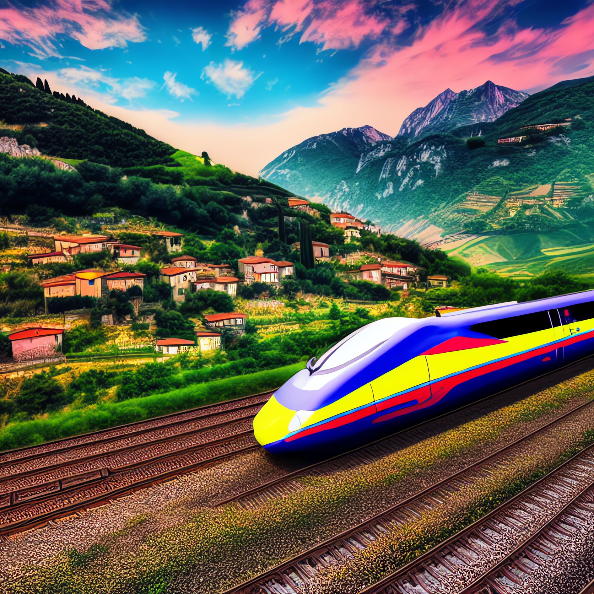 High-speed train speeding through Italian countryside at sunset.
