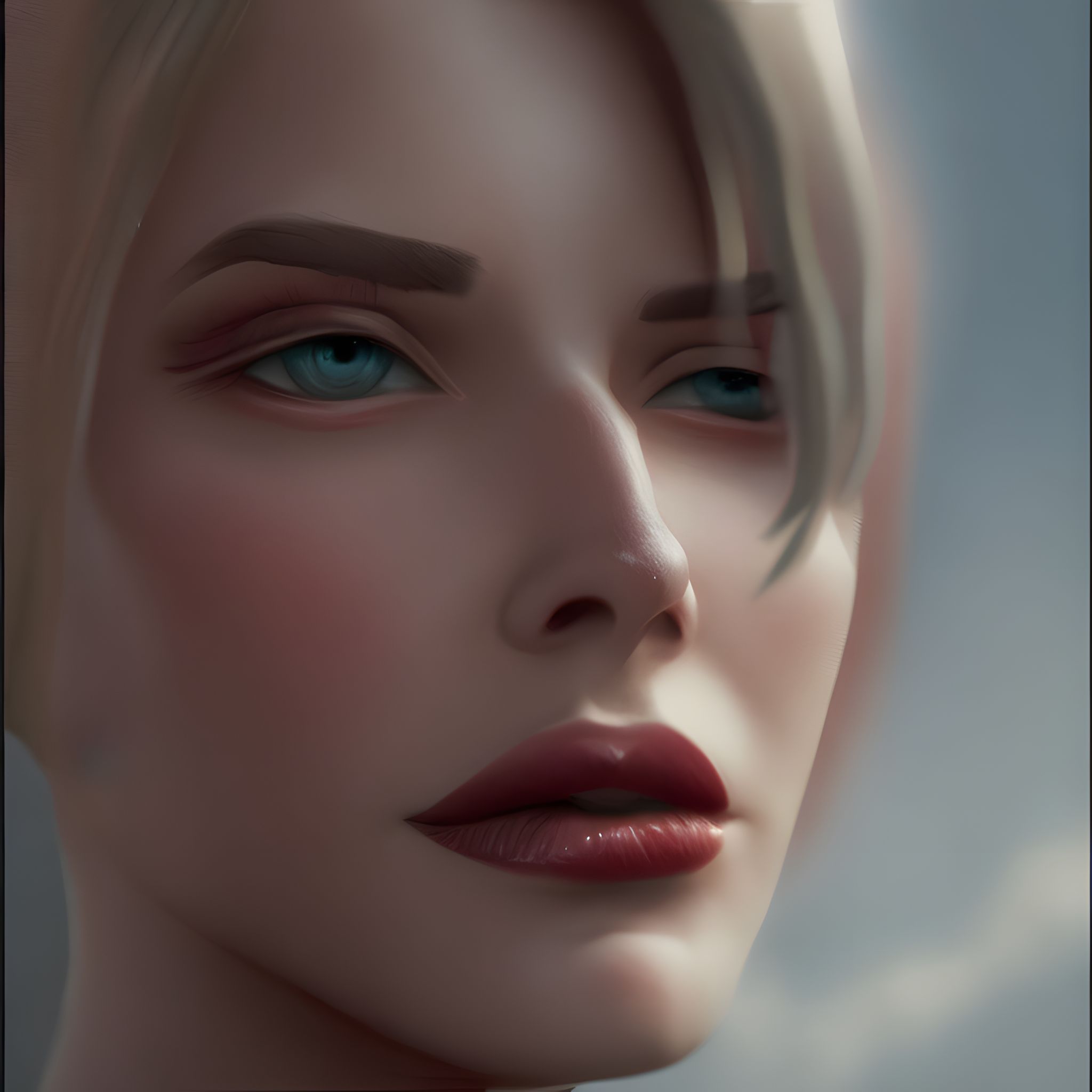 Close-up digital painting of a woman's face with blue eyes.
