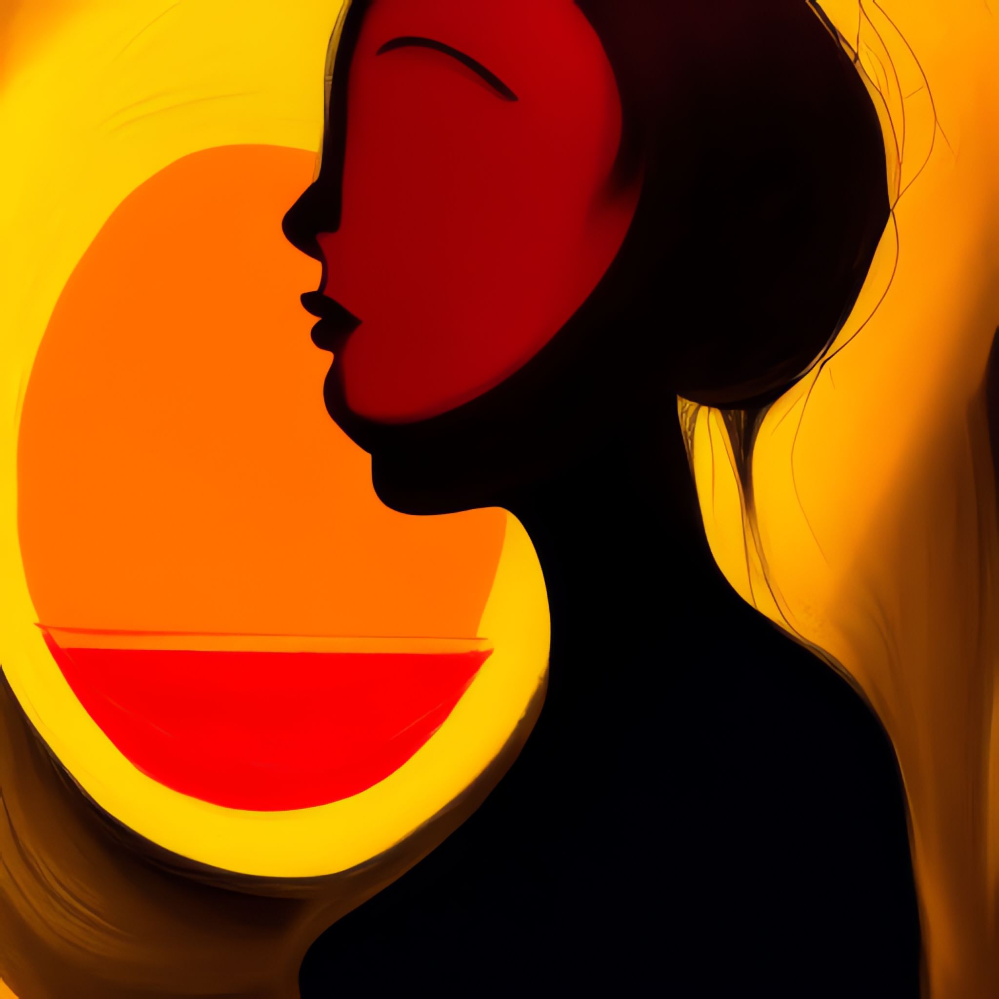 Abstract painting of a woman's profile against a sunset.