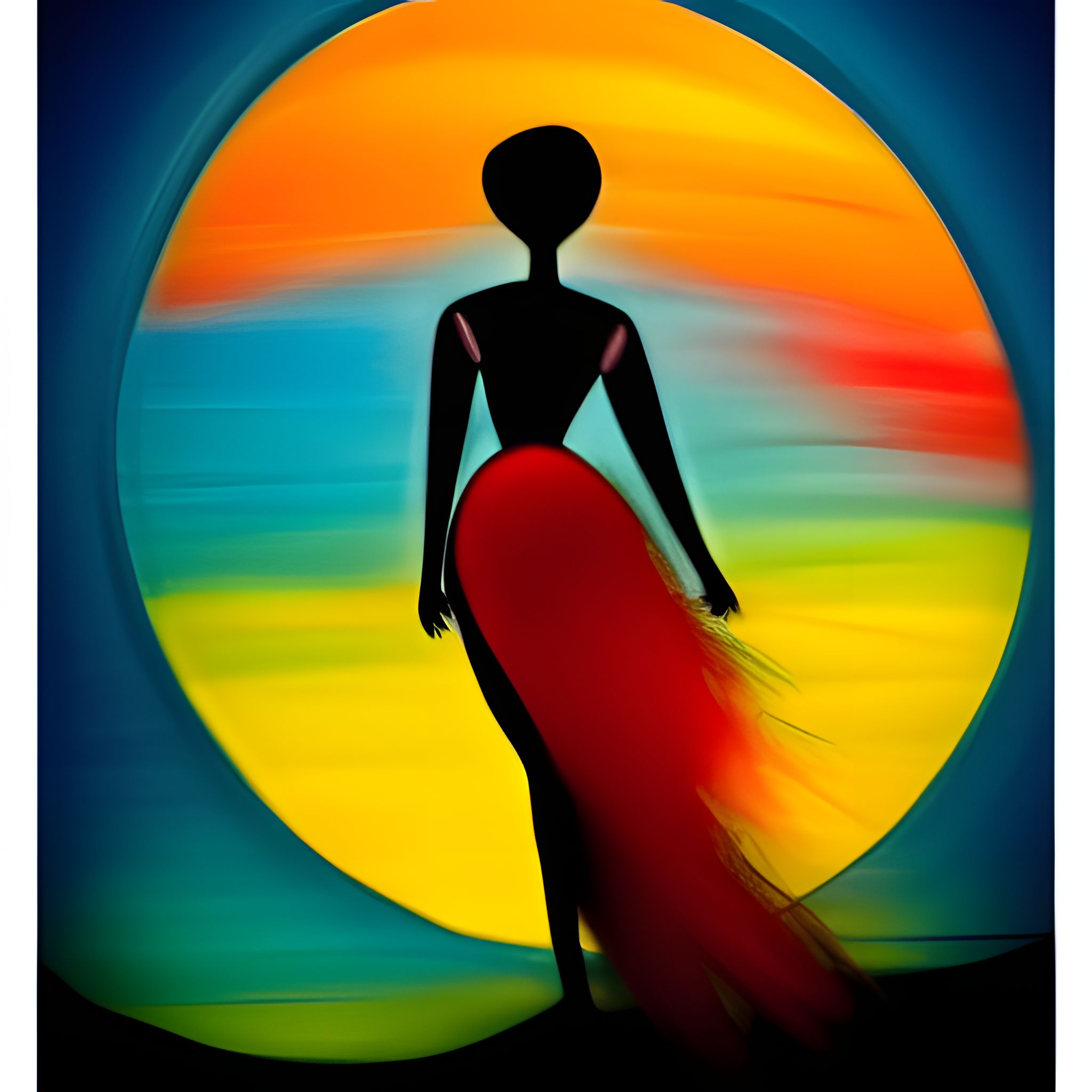 Abstract painting of a woman in a red dress walking into a sunset.