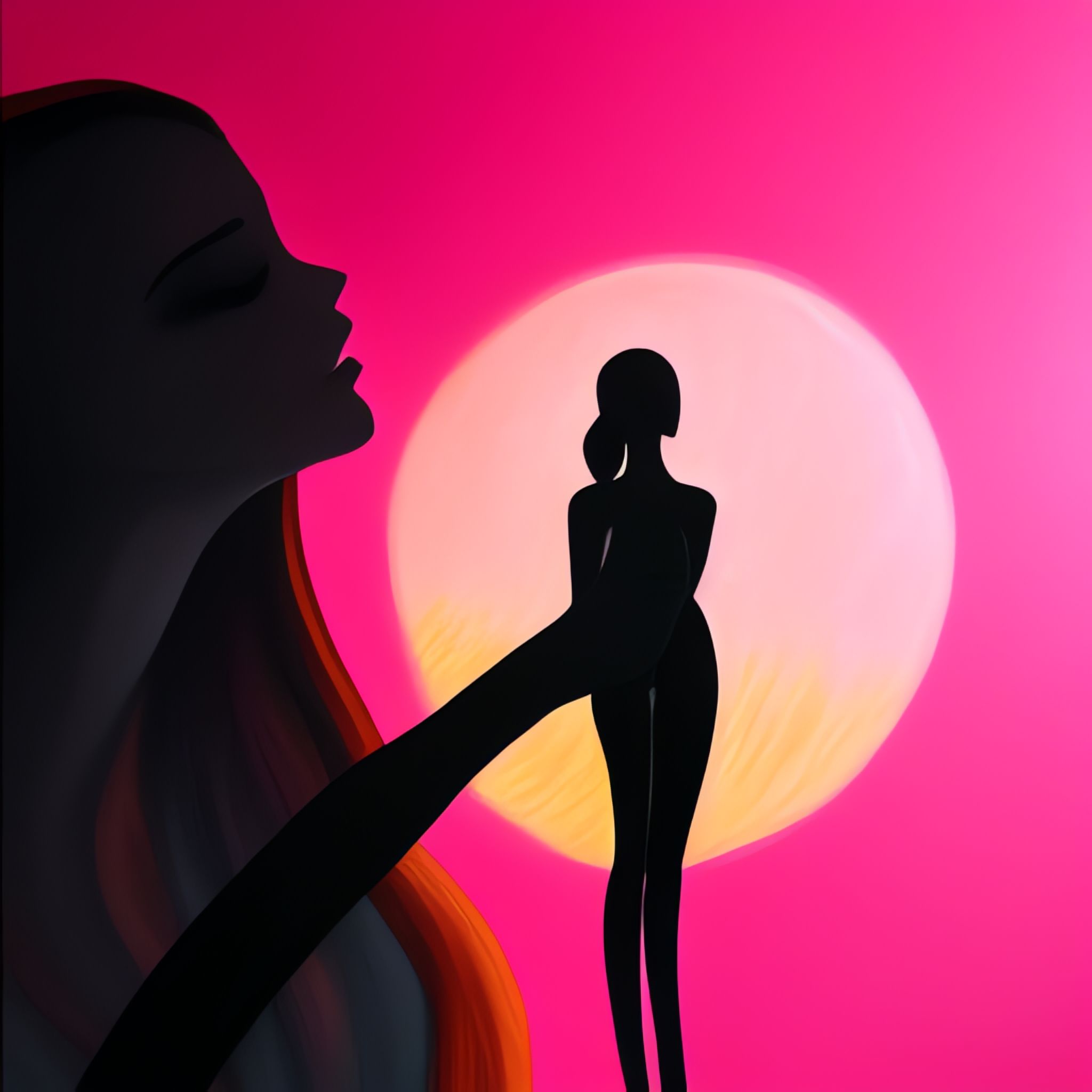 Silhouette of a woman dreaming of another woman walking into a sunset.