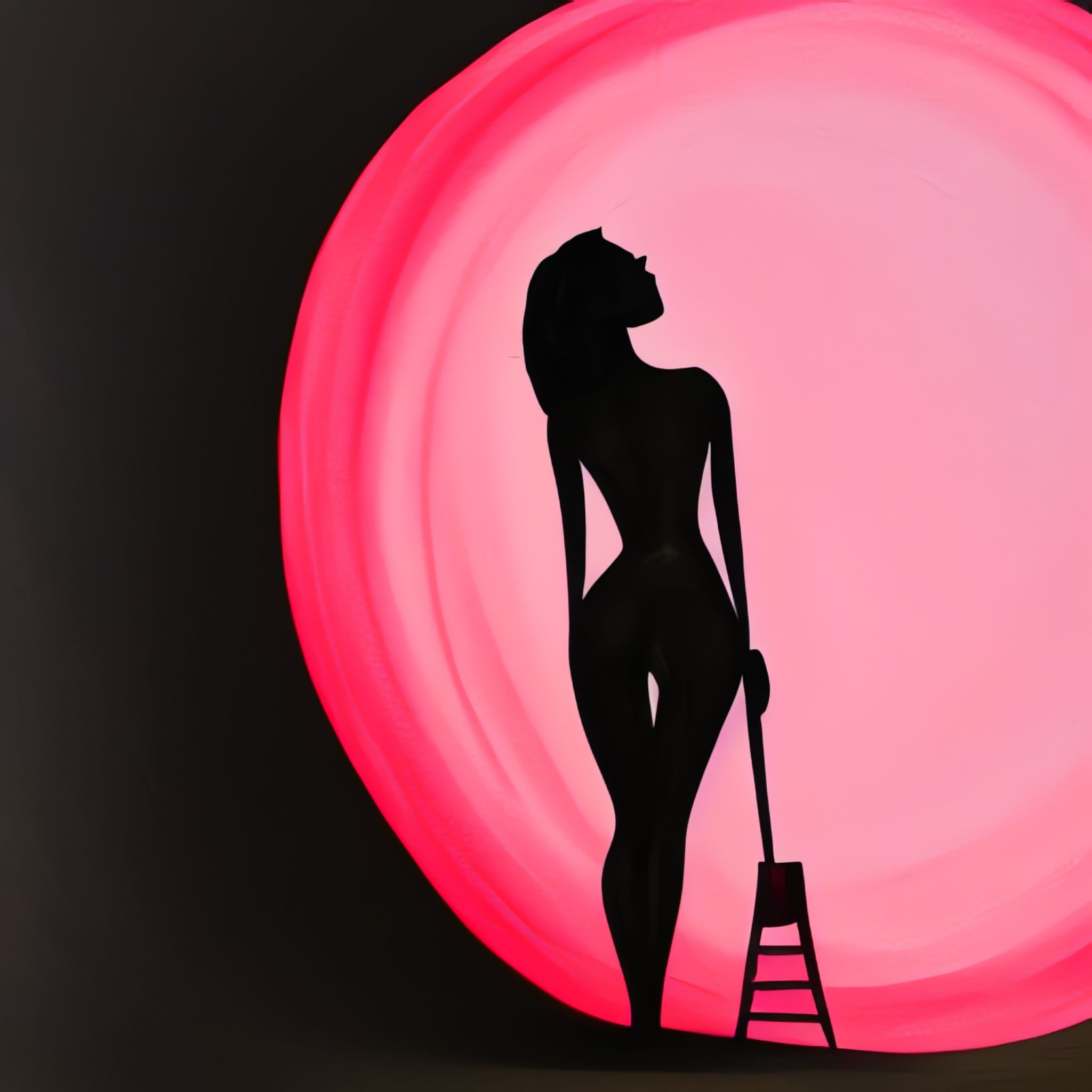 Silhouette of a woman standing before a pink circular background, holding a small ladder.