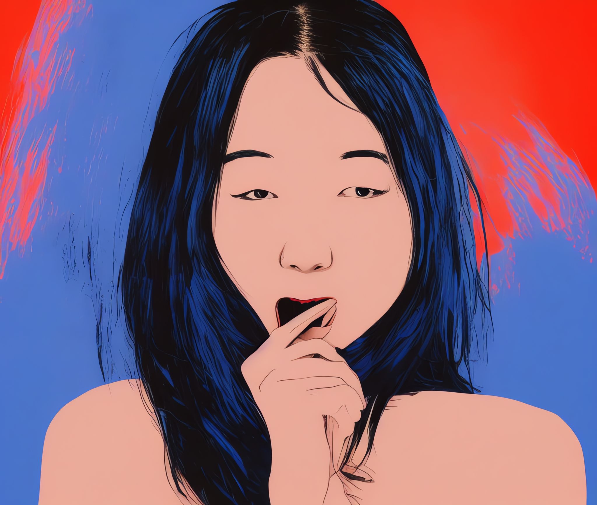 Pop art portrait of a young Asian woman with blue hair, slightly parted mouth, and hand to her lips.