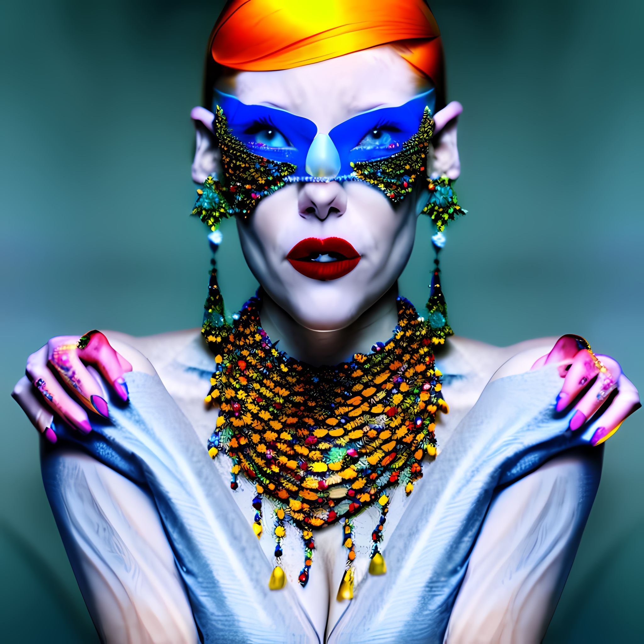 Close-up portrait of a woman with vibrant orange hair, a blue jeweled mask, and a colorful beaded necklace.