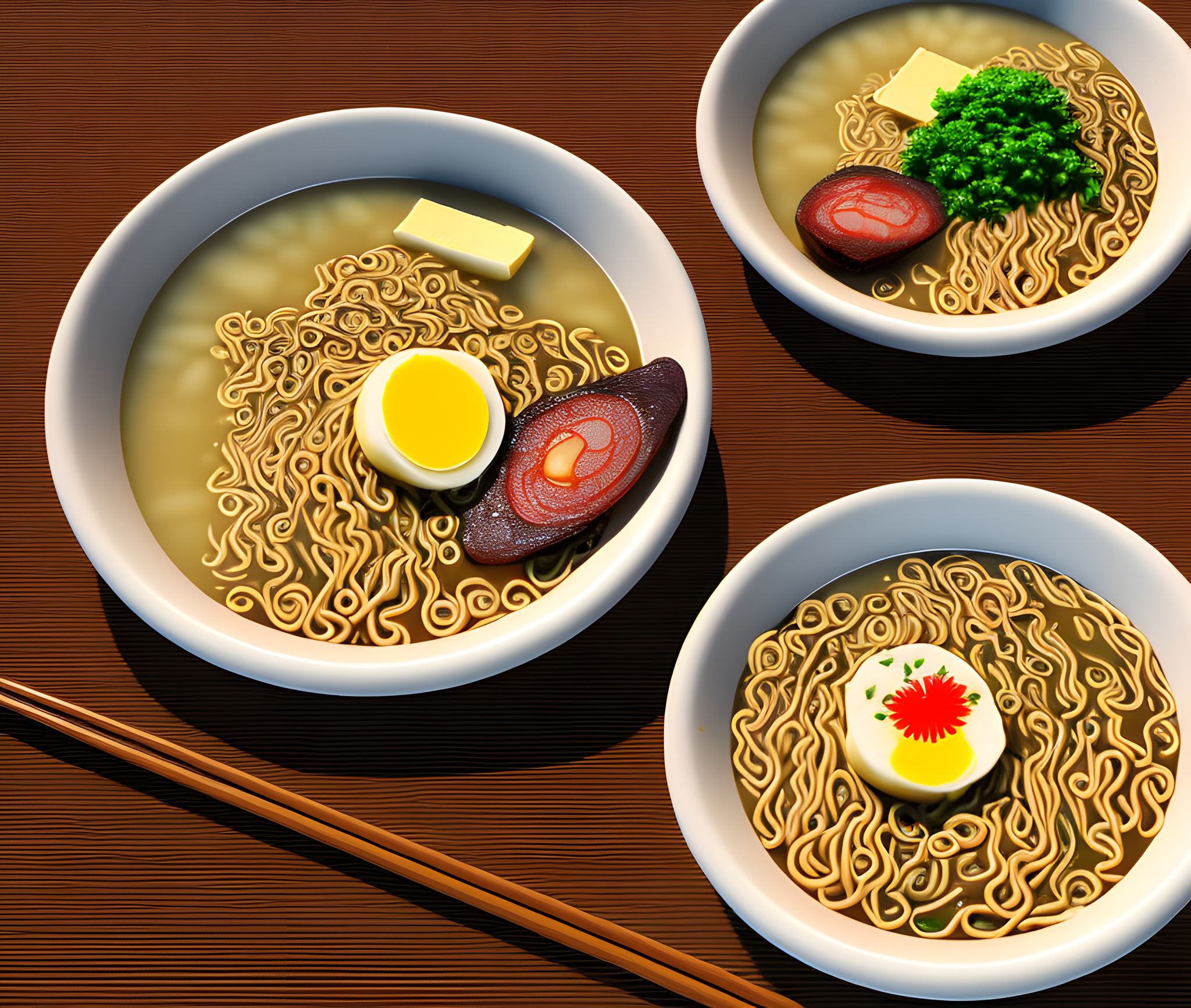 Three bowls of ramen with various toppings.